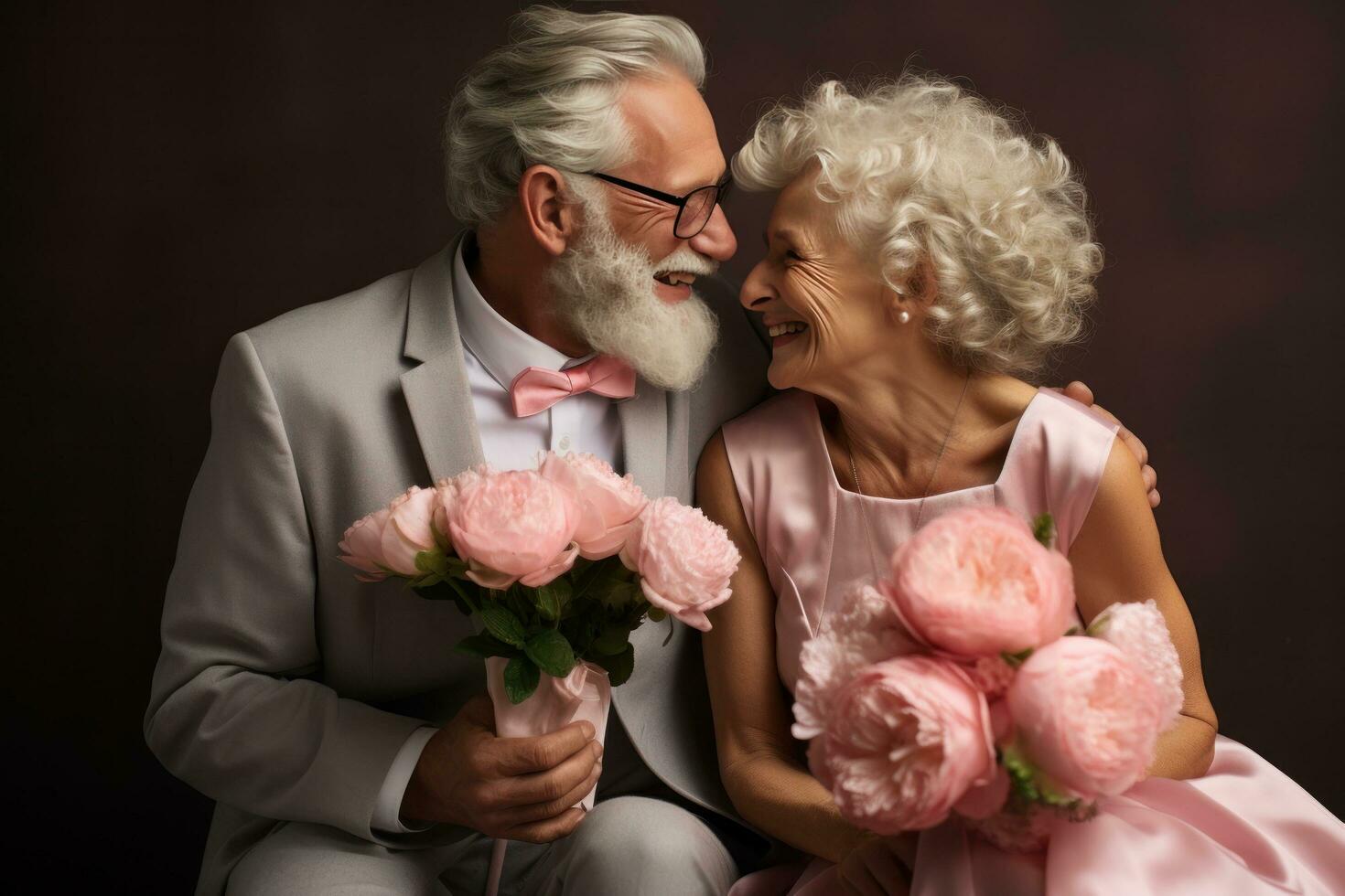 senior couple enjoying a bouquet each other love photo