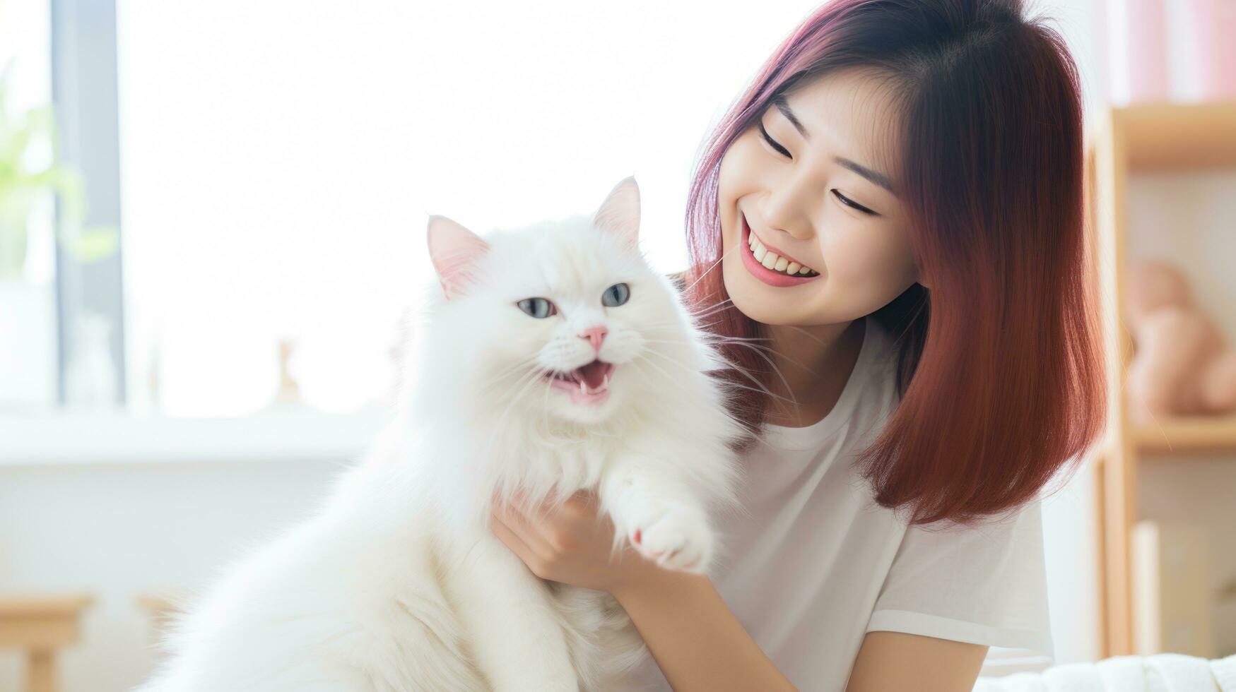 Fluffy white cat enjoying a grooming session with a smiling owner. photo