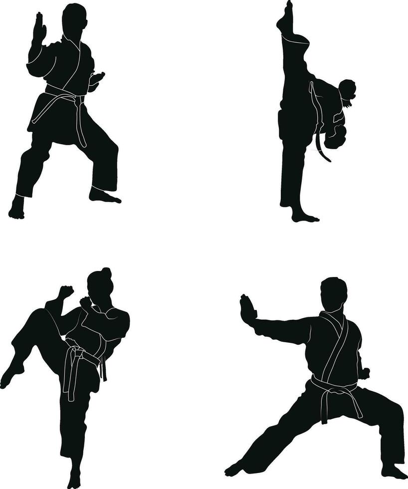 Collection of Karate Fighter Silhouette Icons. Vector Illustration Set