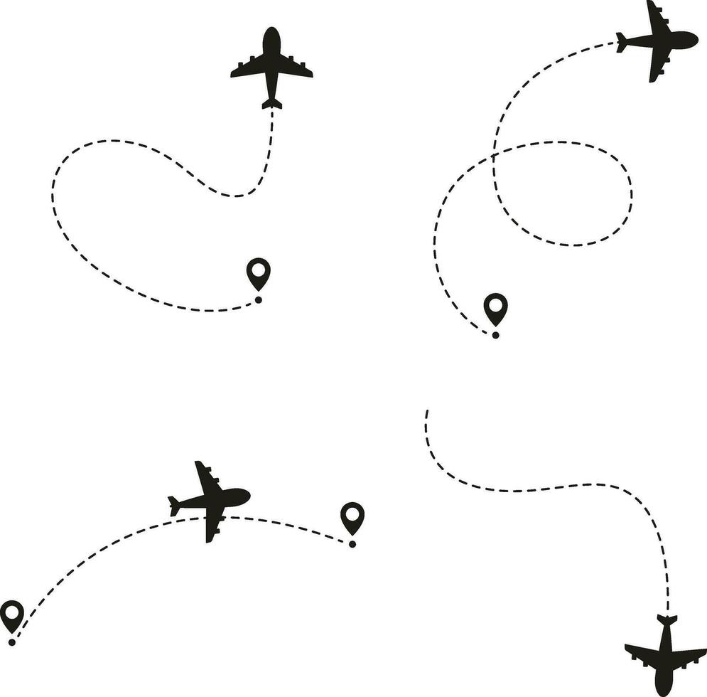 Airplane Dotted Route In White Background. With Flight Location Pin. Vector Illustration Set.