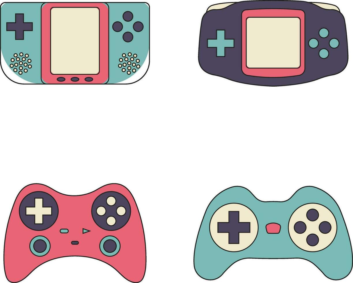 Retro Game Console In Flat Design. Vector Illustration Set.
