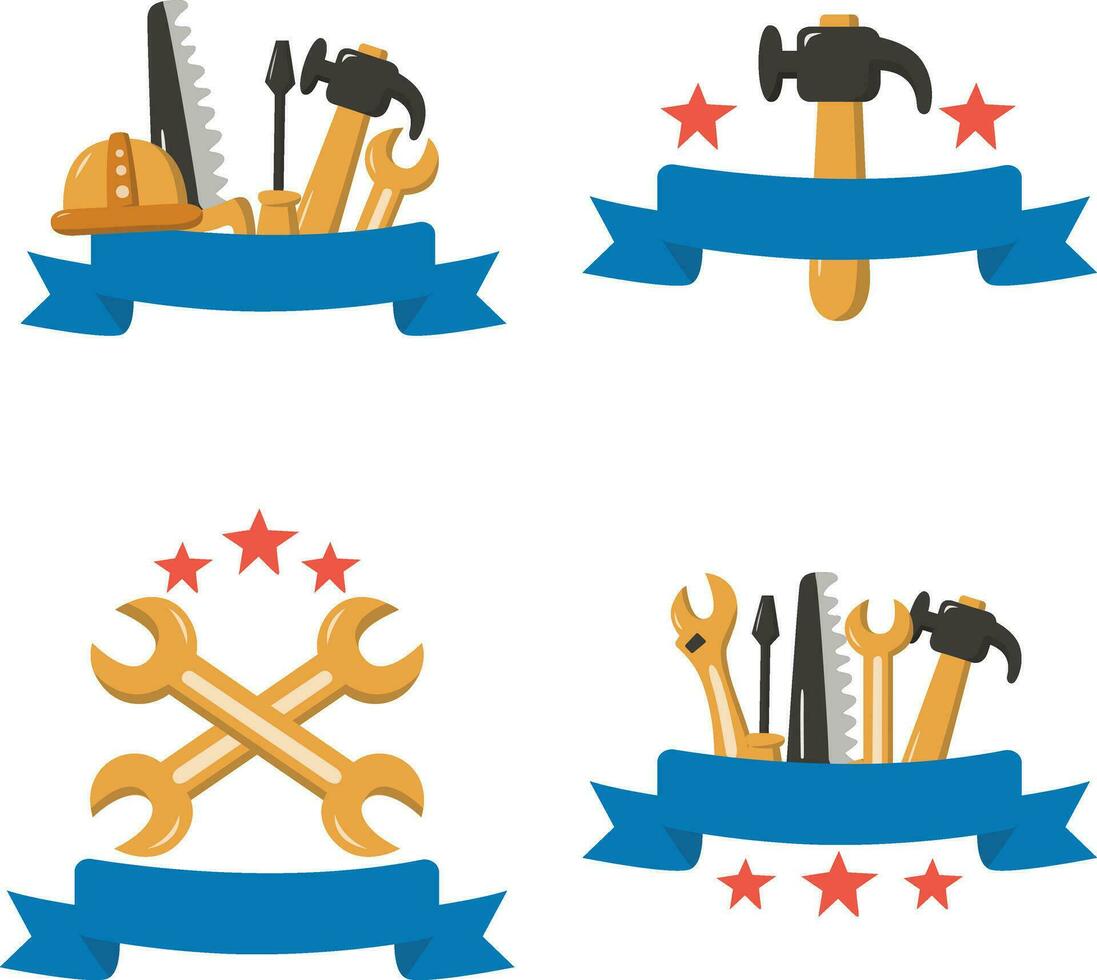 Happy Labor Day In Different Tools. Vector Illustration Set.