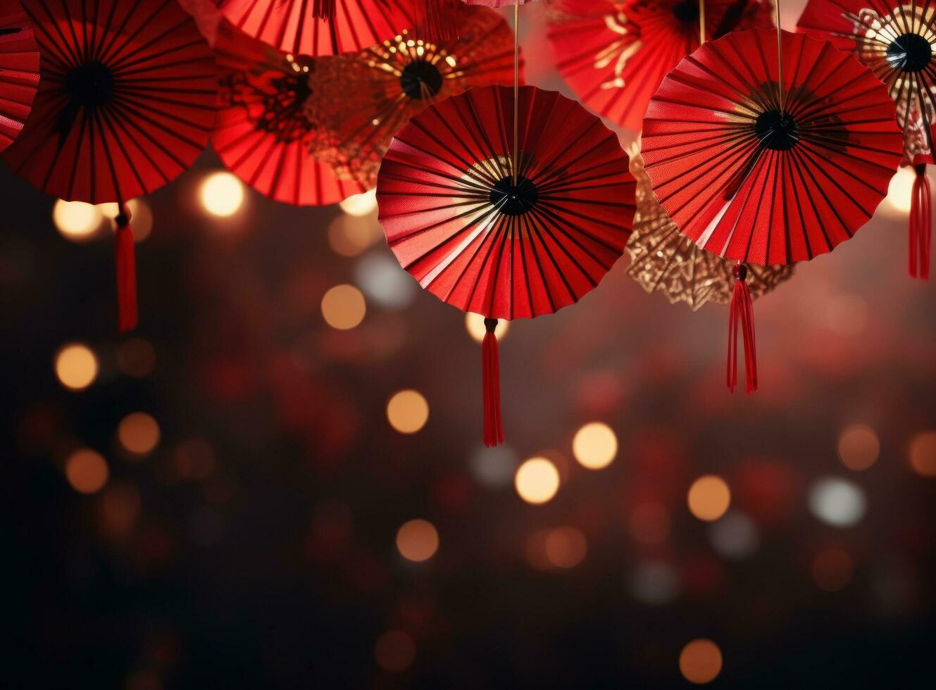 chinese lanterns with fan background on a red background photo