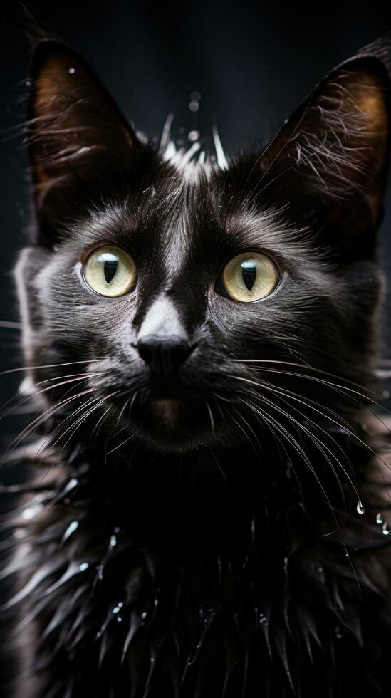 elegante negro gato demostración apagado sus lustroso Saco durante un aseo sesión foto