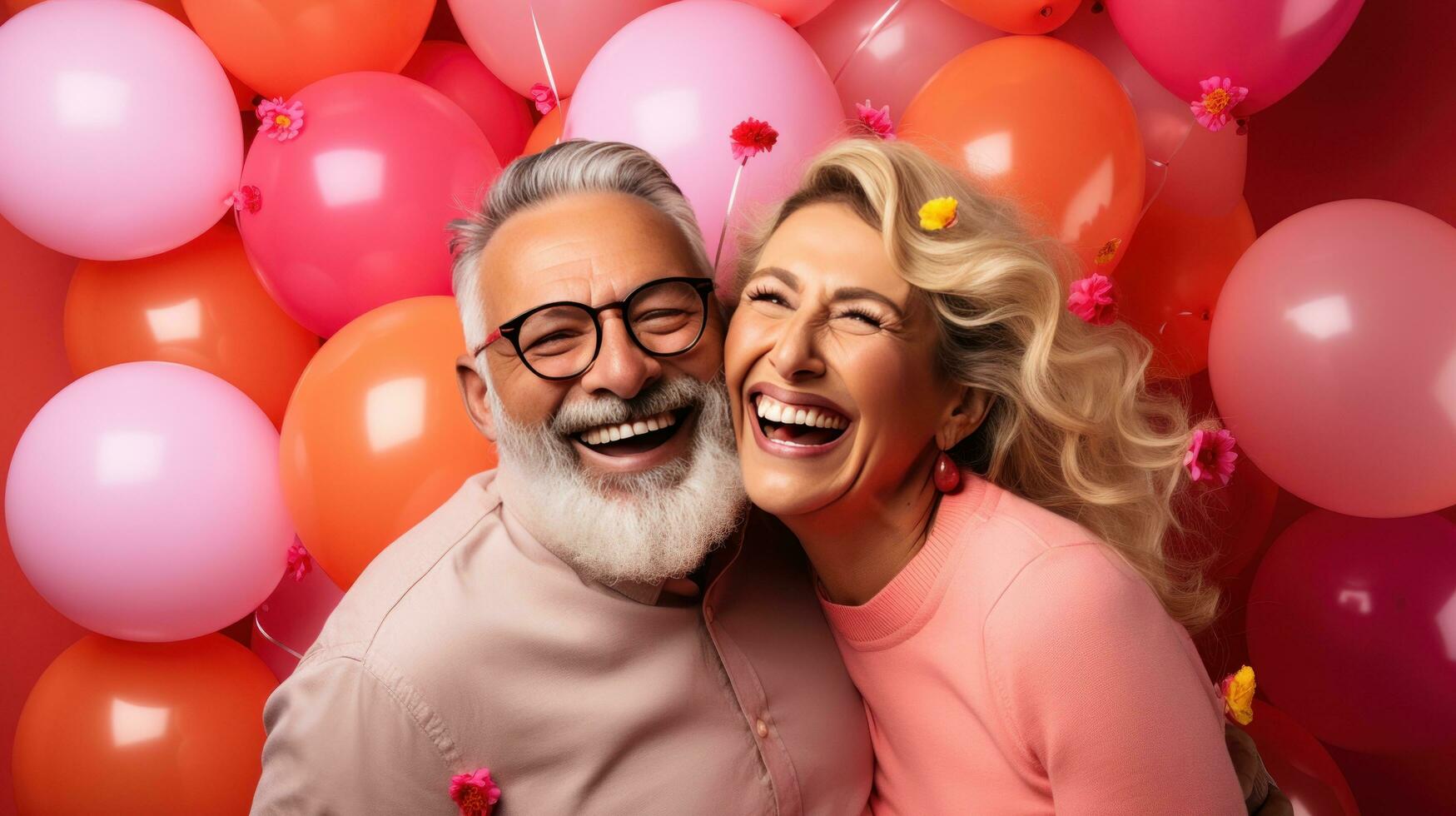 A Joyful Couple Celebrating Valentines Day with Balloons photo