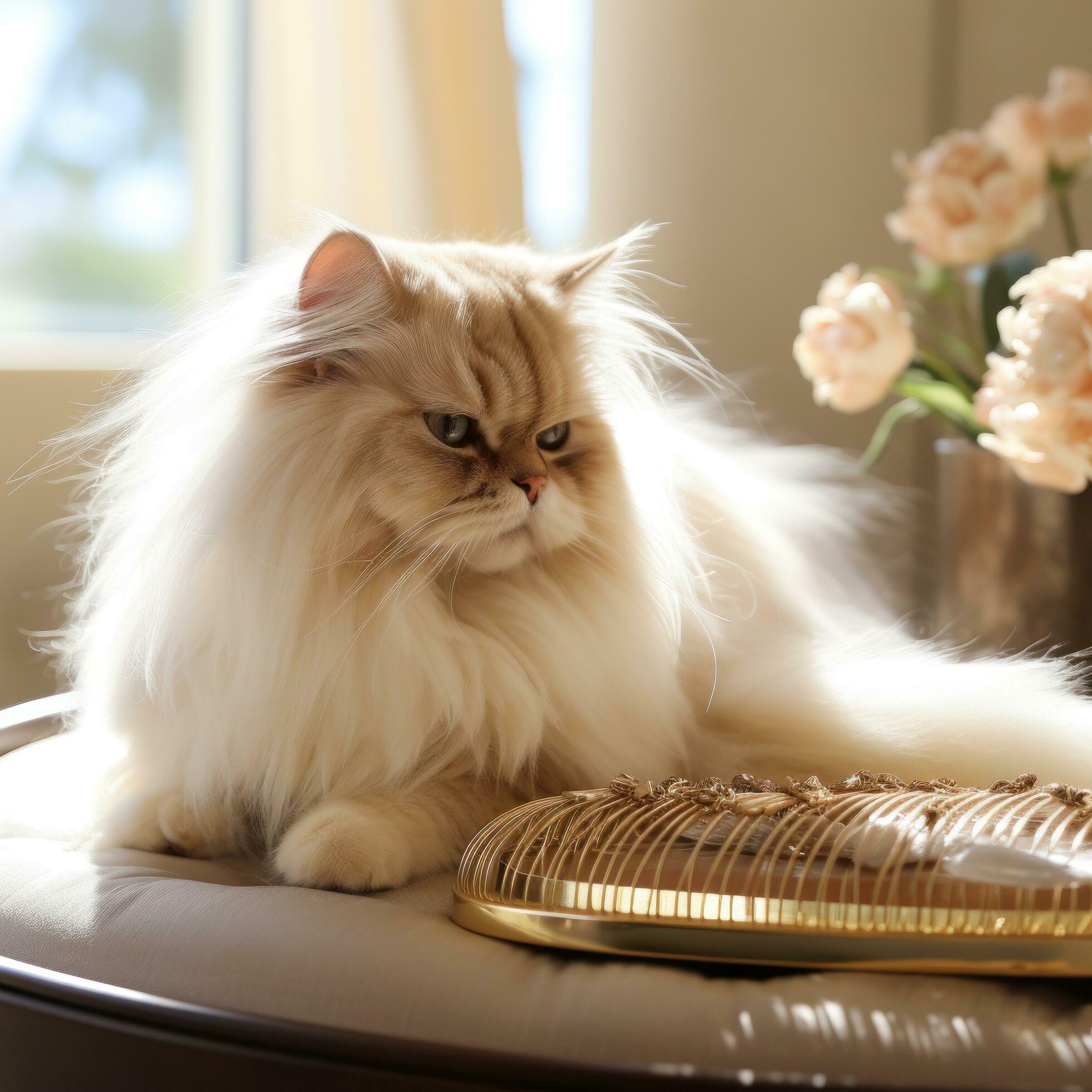 Regal Persian cat being brushed with a golden comb in a luxurious