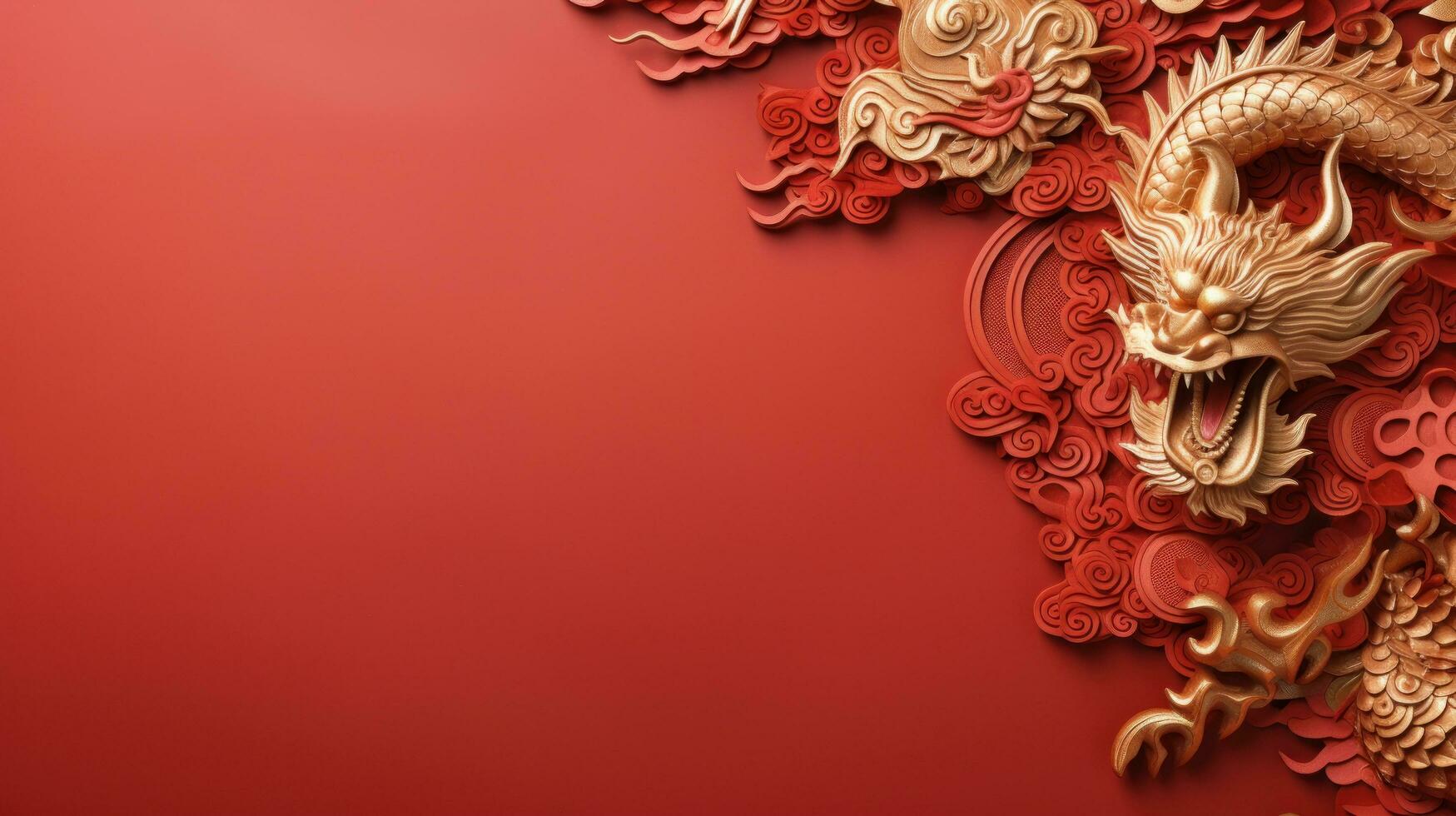 Chinese New Year red background with gold dragon with large copyspace area photo