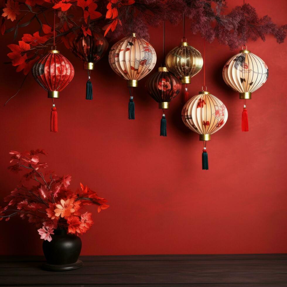 chinese lanterns with fan background on a red background photo