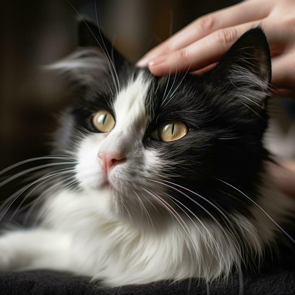 Furry black and white cat getting pampered by a gentle hand photo