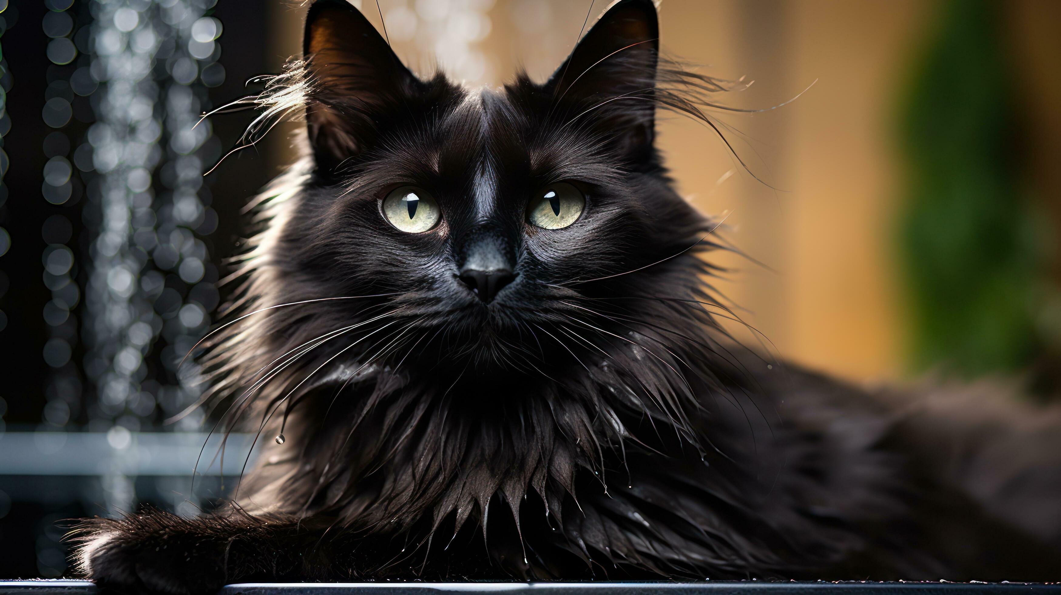 Elegant black cat showing off its glossy coat during a grooming session