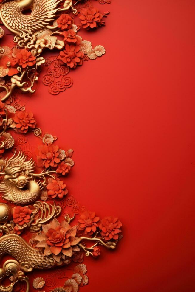 Chinese New Year red background with gold dragon with large copyspace area photo