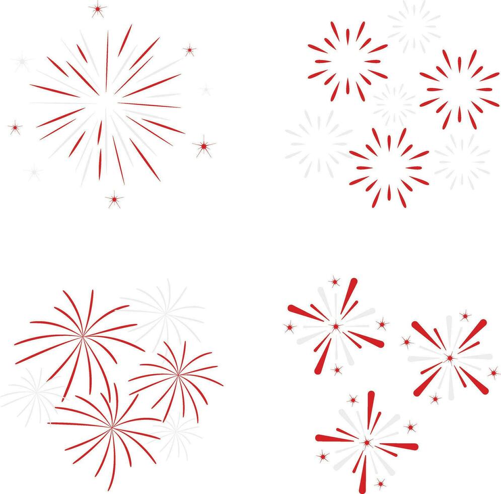 Indonesian Independence Day Fireworks In Flat Design. Vector Illustration Set.