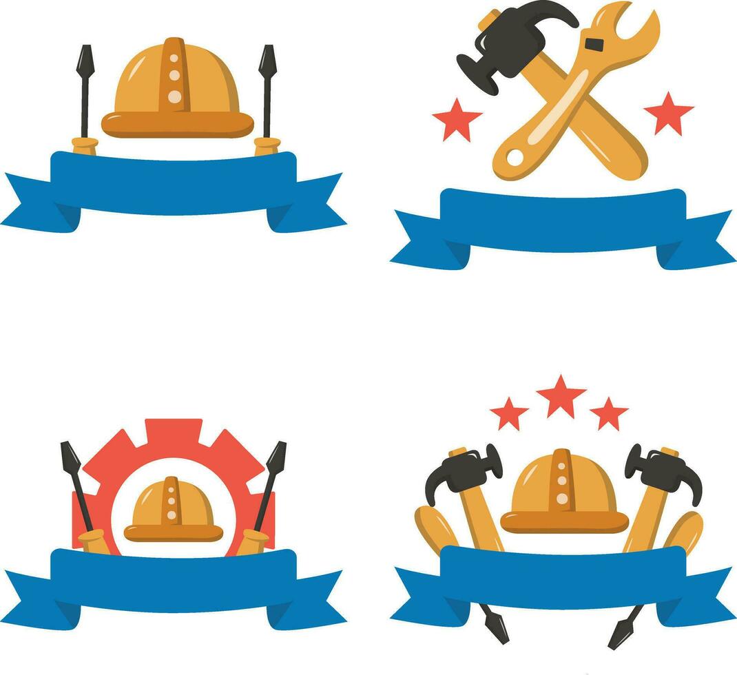 Happy Labor Day In Different Tools. Vector Illustration Set.