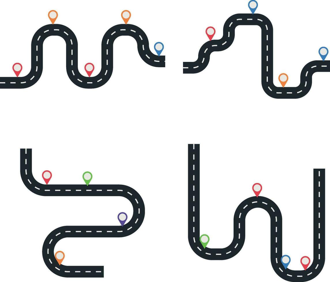 Road Map Route With Location Pin. Isolated Vector Set.