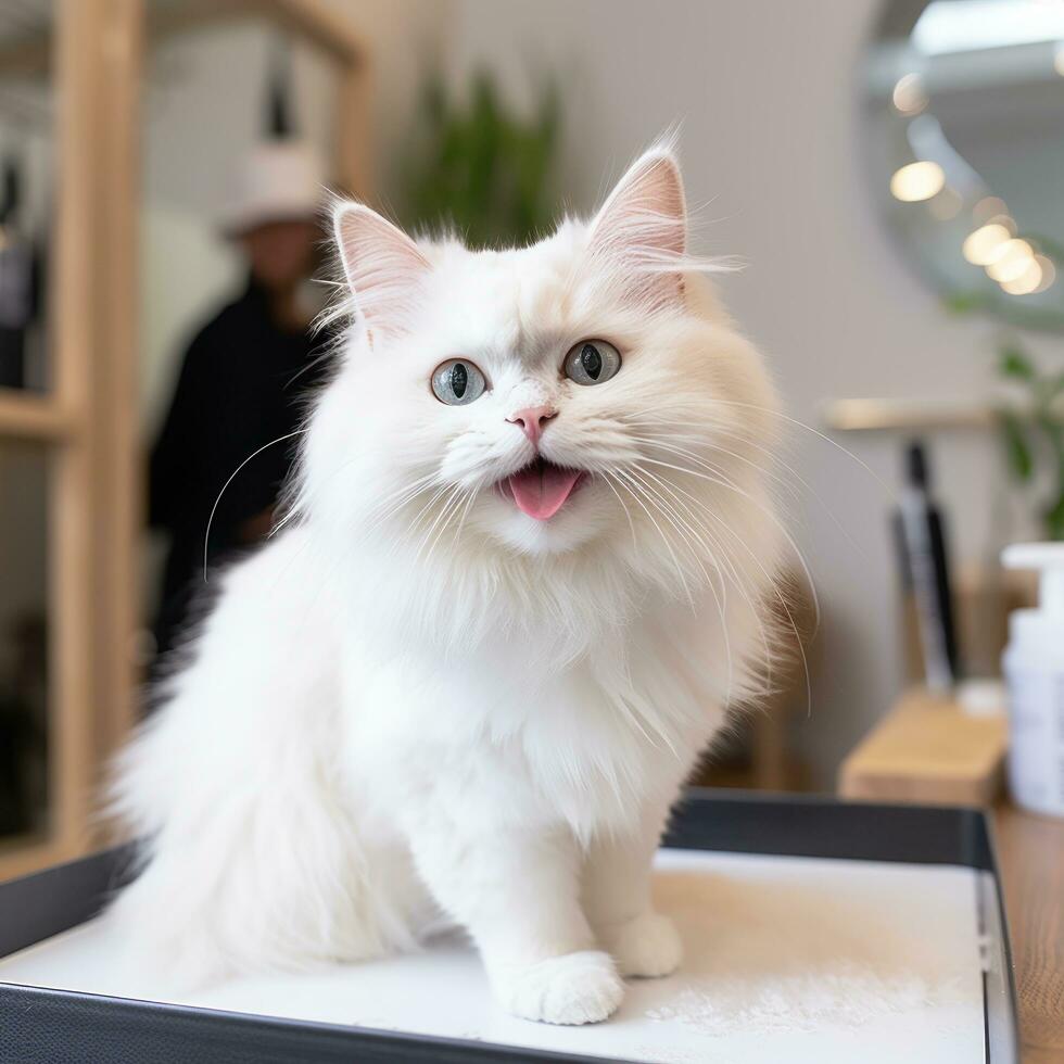 Fluffy white cat enjoying a grooming session with a smiling owner. photo