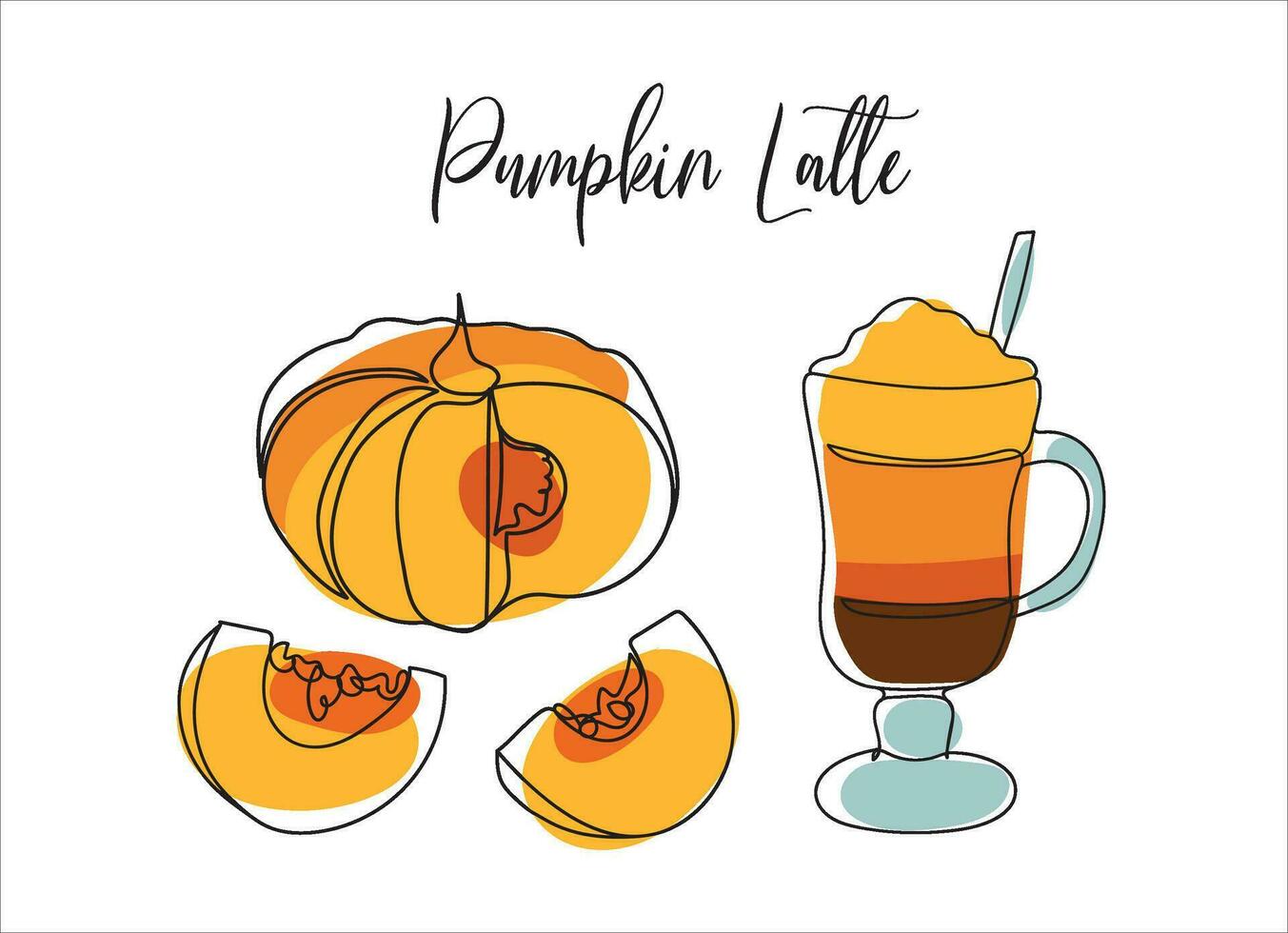 Pumpkin latte outline illustration. Pumpkin and coffee cup contour with bright abstract elements. Autumn Thanksgiving drink vector isolated on white. Autumn pumpkin line art. Minimalist art