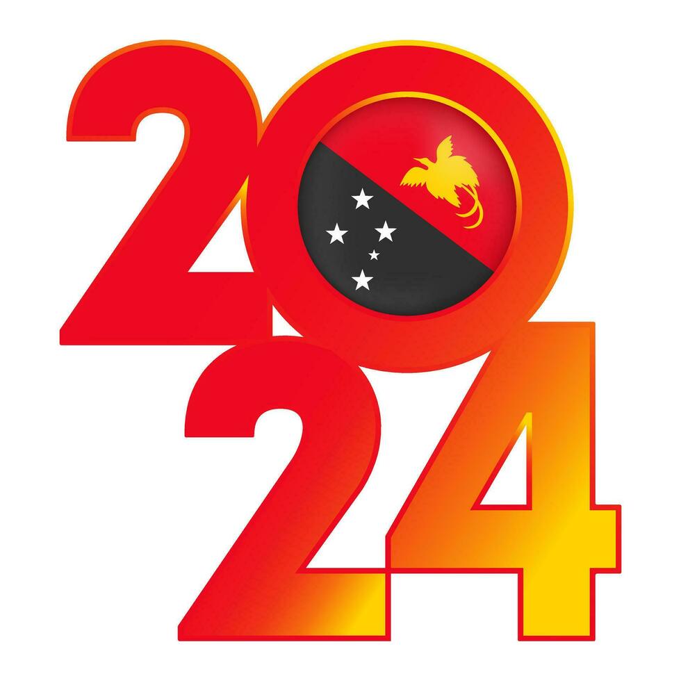 Happy New Year 2024 banner with Papua New Guinea flag inside. Vector illustration.