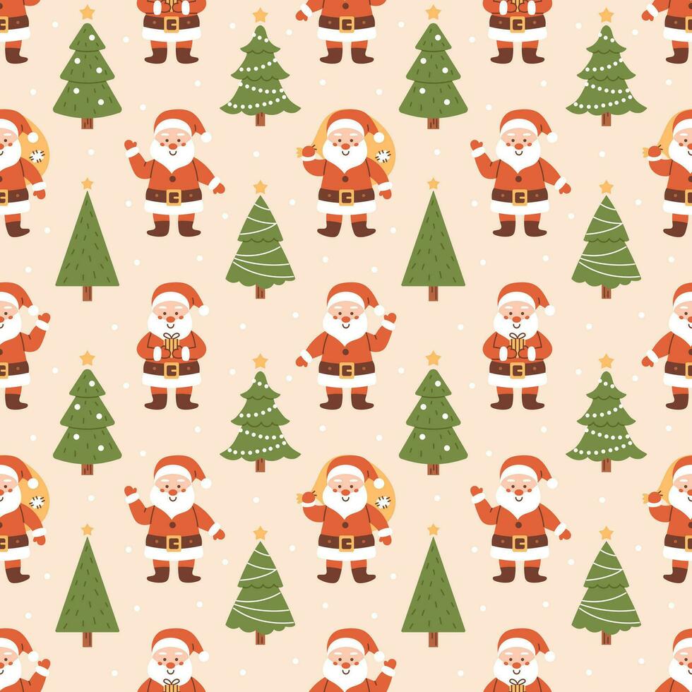 Vector seamless pattern with cute smiling Santa Claus characters and Christmas trees. Funny characters in red hat and spruce trees with decorations. Christmas and New Year background.