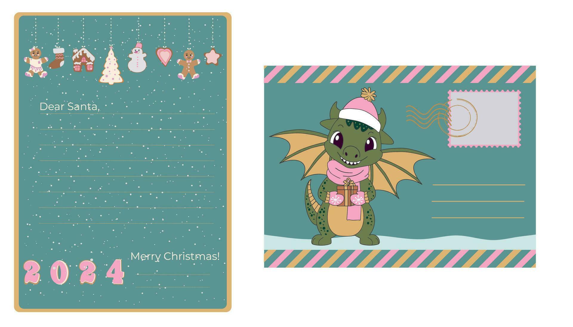 Christmas letter template to Santa Claus and envelope. Decorated sheet of paper and envelope