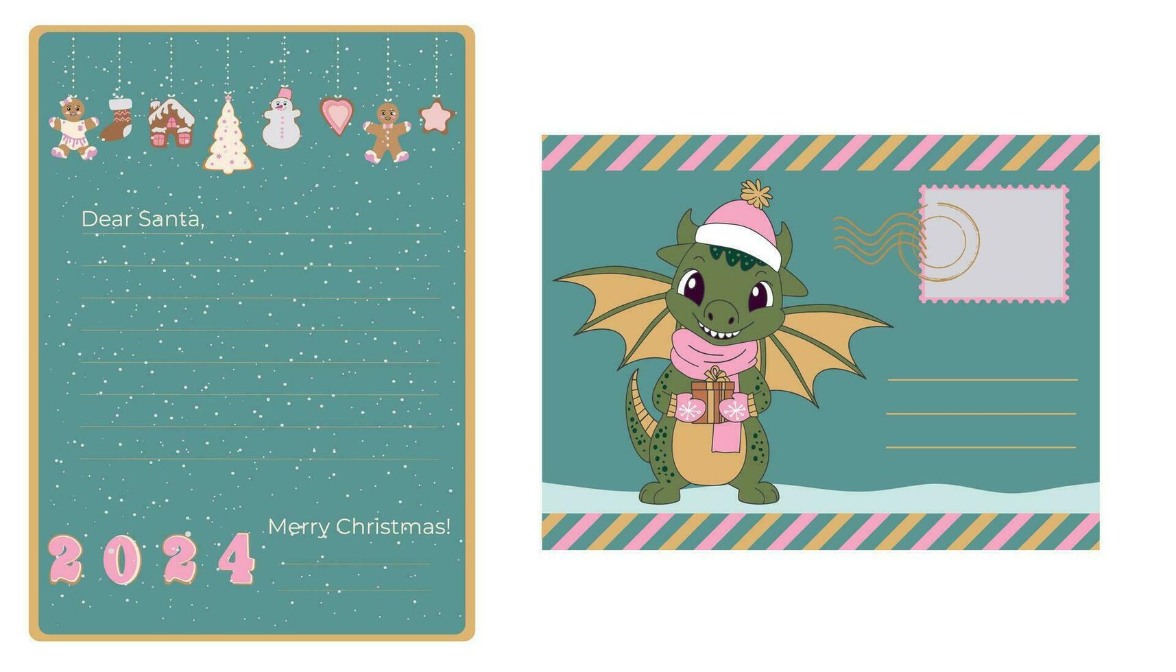 Christmas letter template to Santa Claus and envelope. Decorated sheet of paper and envelope
