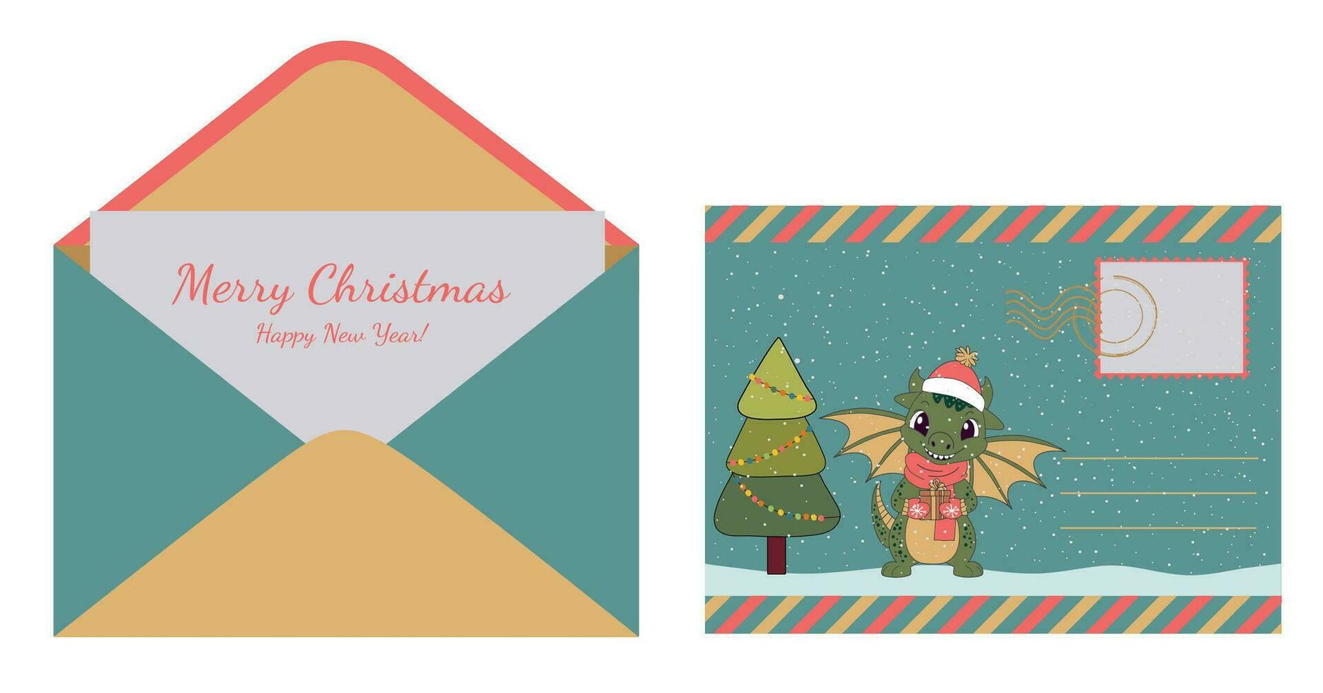 Christmas letter template to Santa Claus and envelope. Decorated sheet of paper and envelope with illustration of dragon symbol of 2024. Vector illustration. Vector.