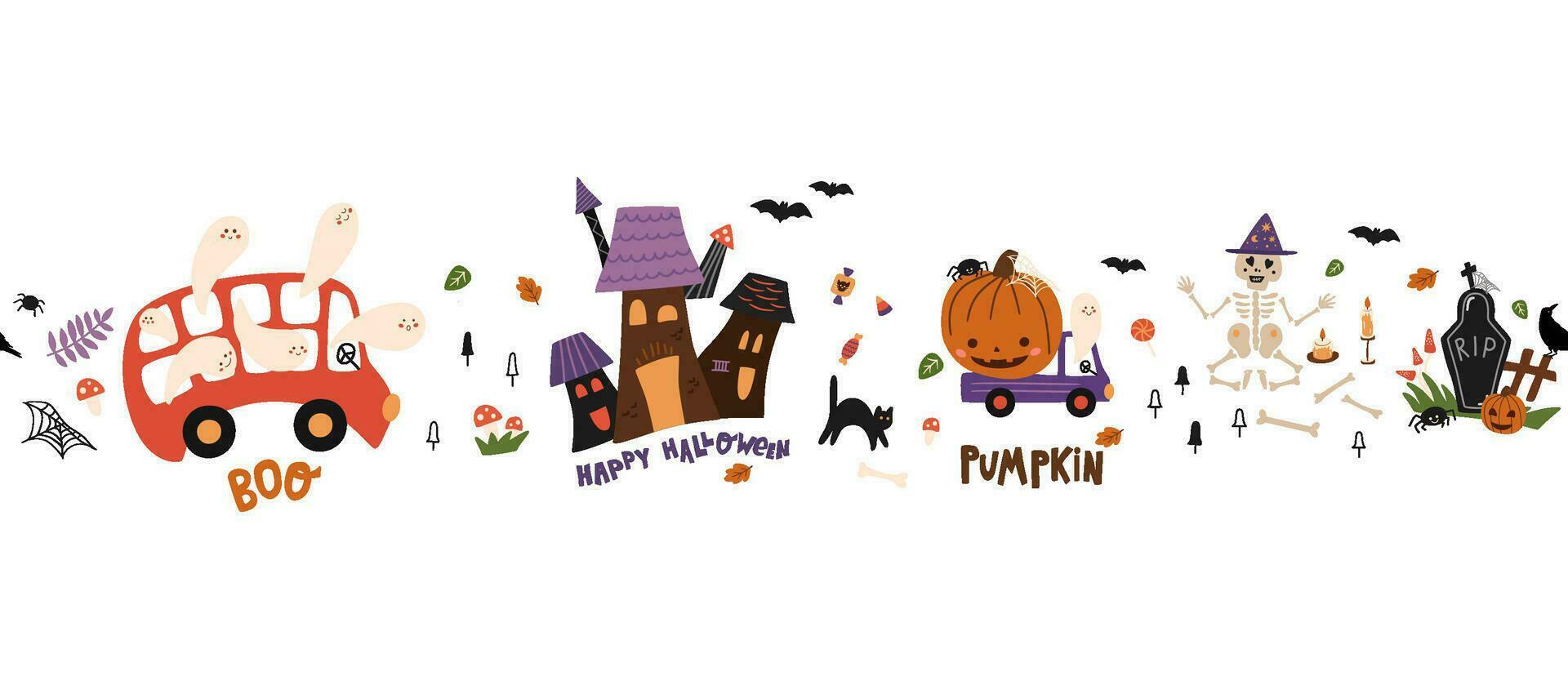 Cute Halloween seamless border, long horizontal repeat pattern with truck, car, bus, ghosts, skeleton, haunted house vector illustration. Funny spooky season print, repeat background, decorative frame