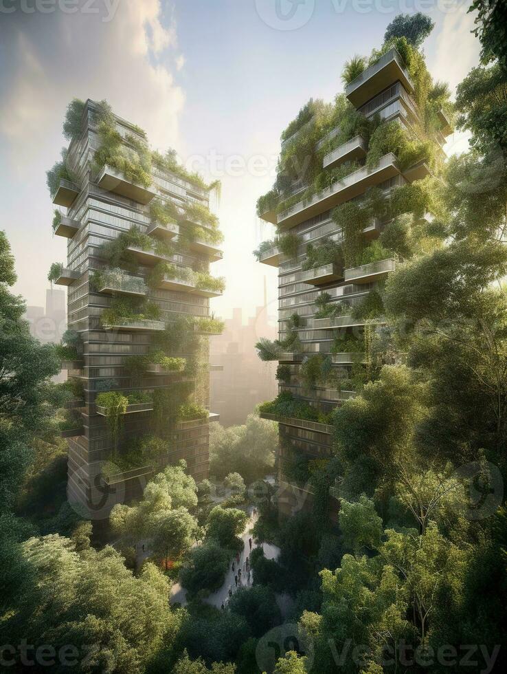 Skyscrapers and Lush Vegetation A Harmonious Blend of Nature and Urban Architecture   generative AI photo
