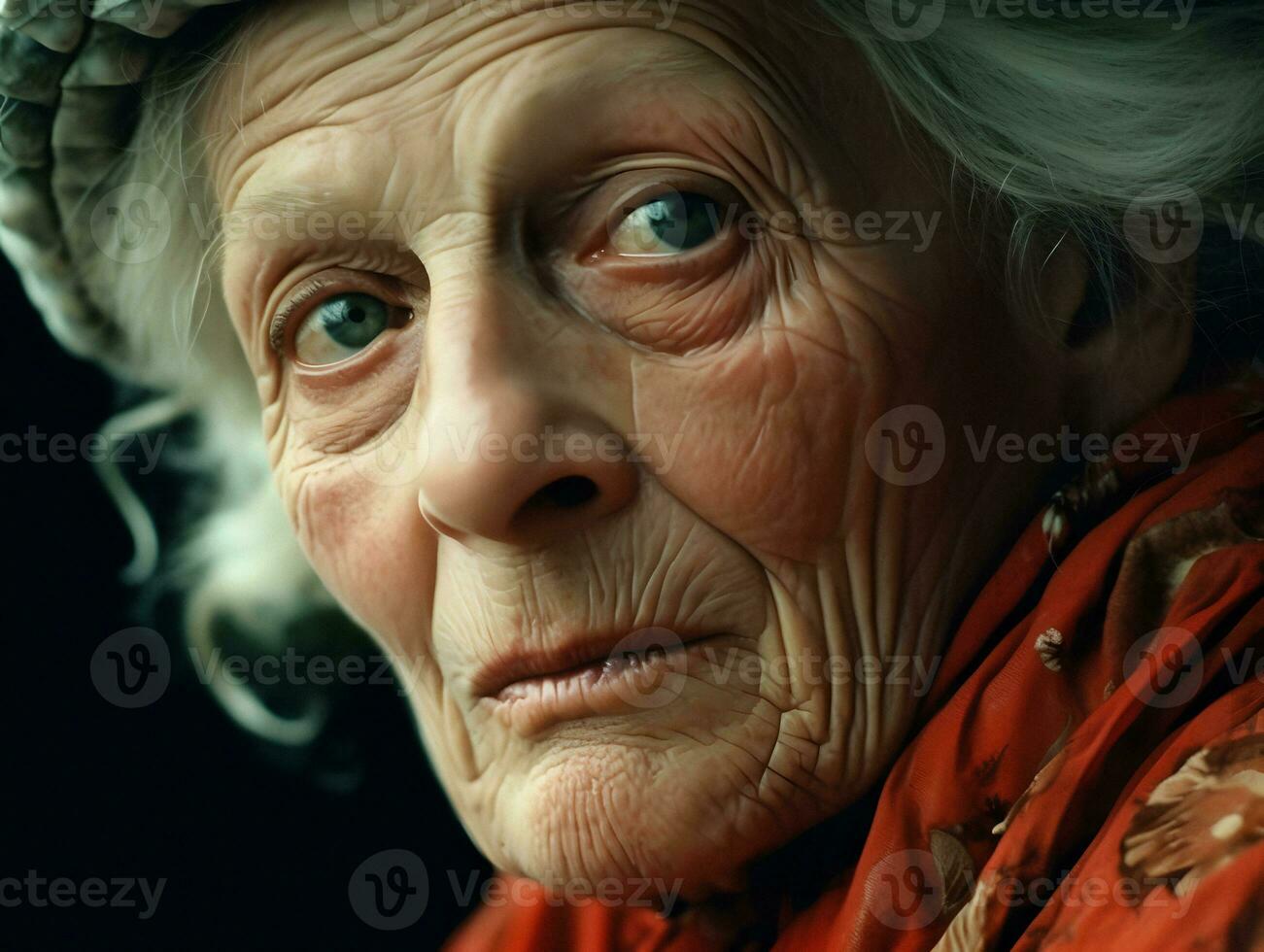 cautivador retrato de un maravilloso mayor mujer con blanco pelo y fascinante azul ojos. generativo ai. foto