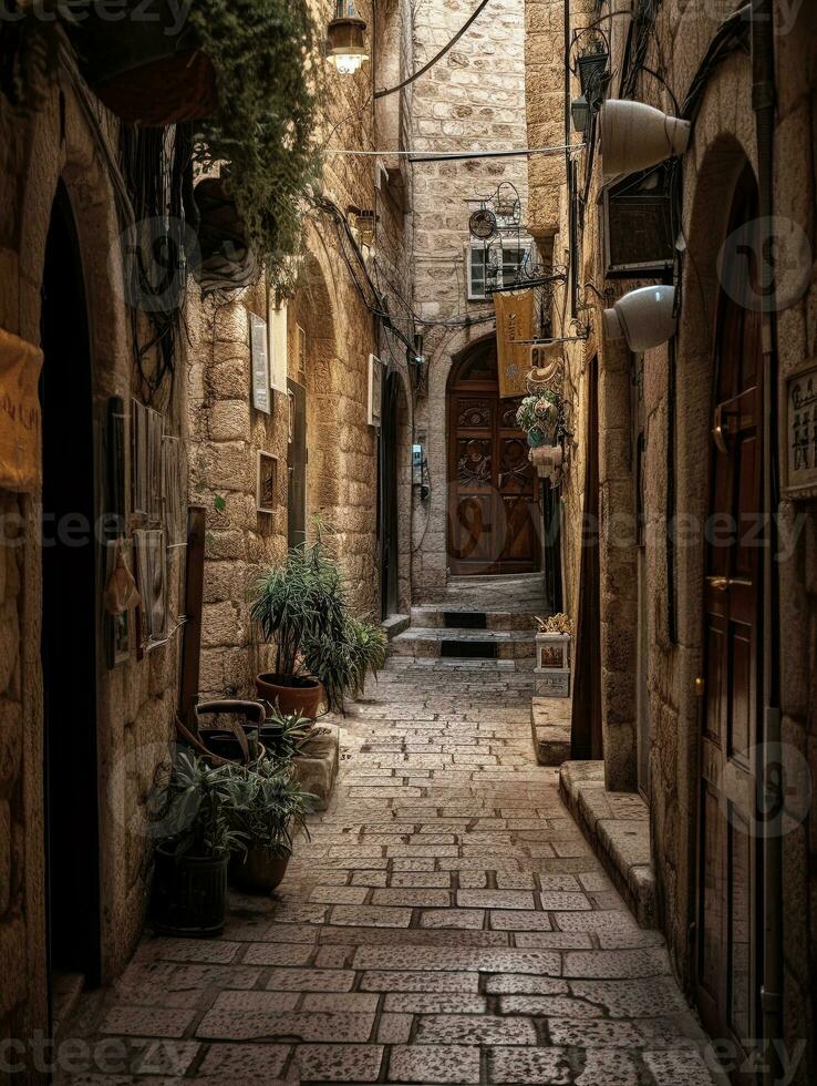 an empty alley in the old city of jerusalem   generative AI photo