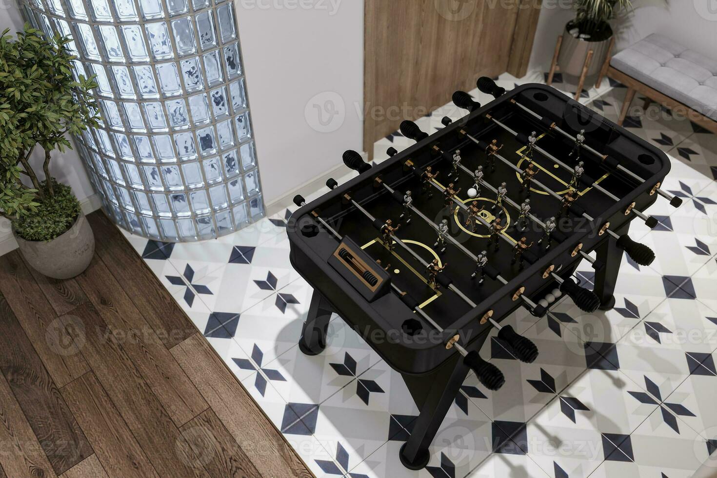 Foosball table placement in the empty space for kids and youth. 3D rendering photo