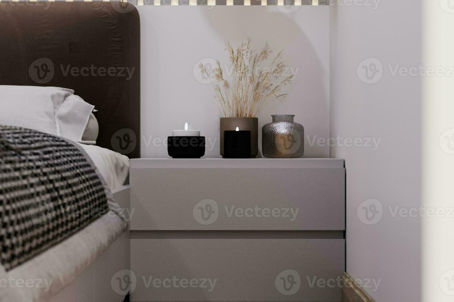Dried flowers into a vase, Candles inflame on the console table, 3D rendering photo