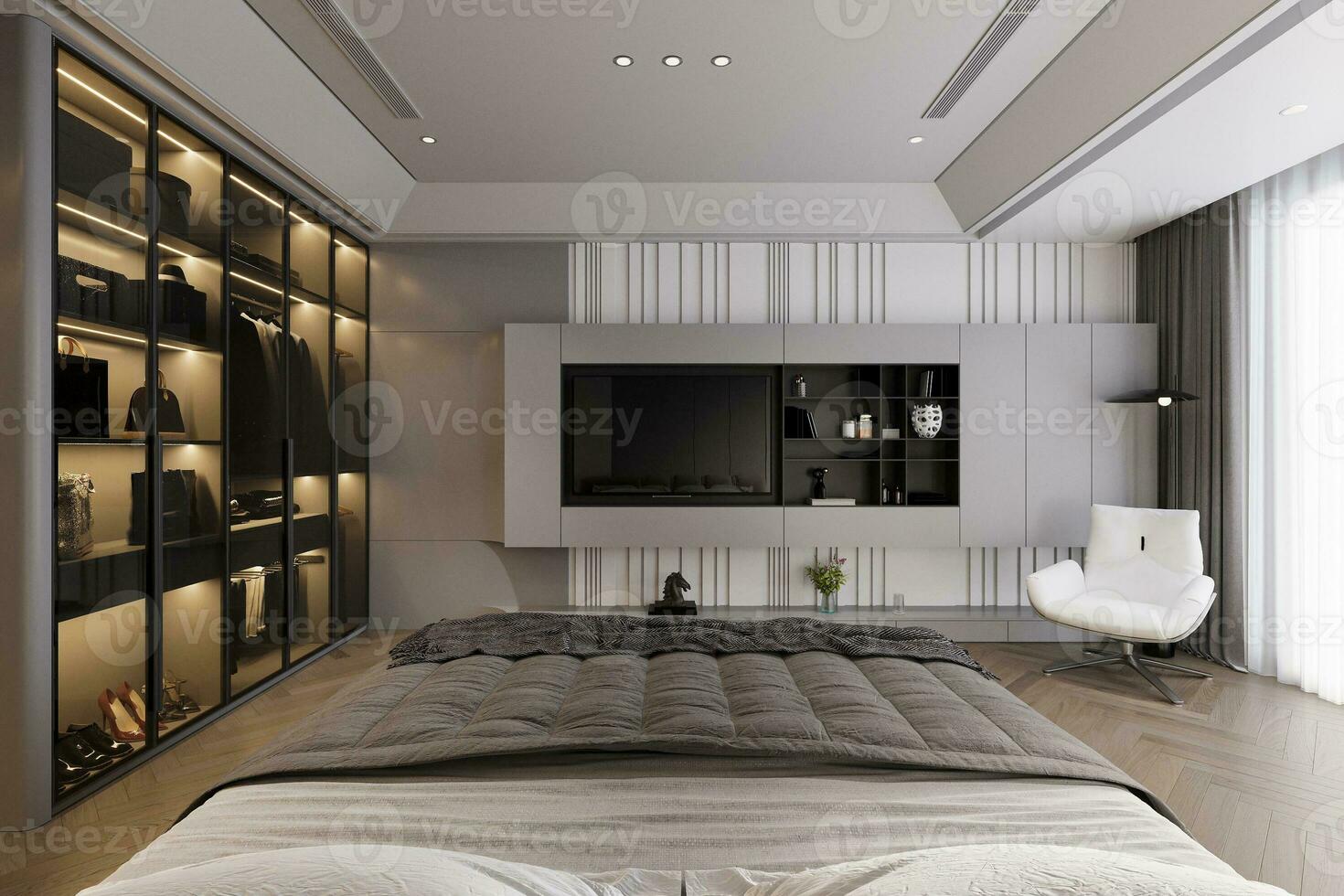 lujoso dormitorio interior con puerta de cristal armario, blanco techo, 3d representación foto