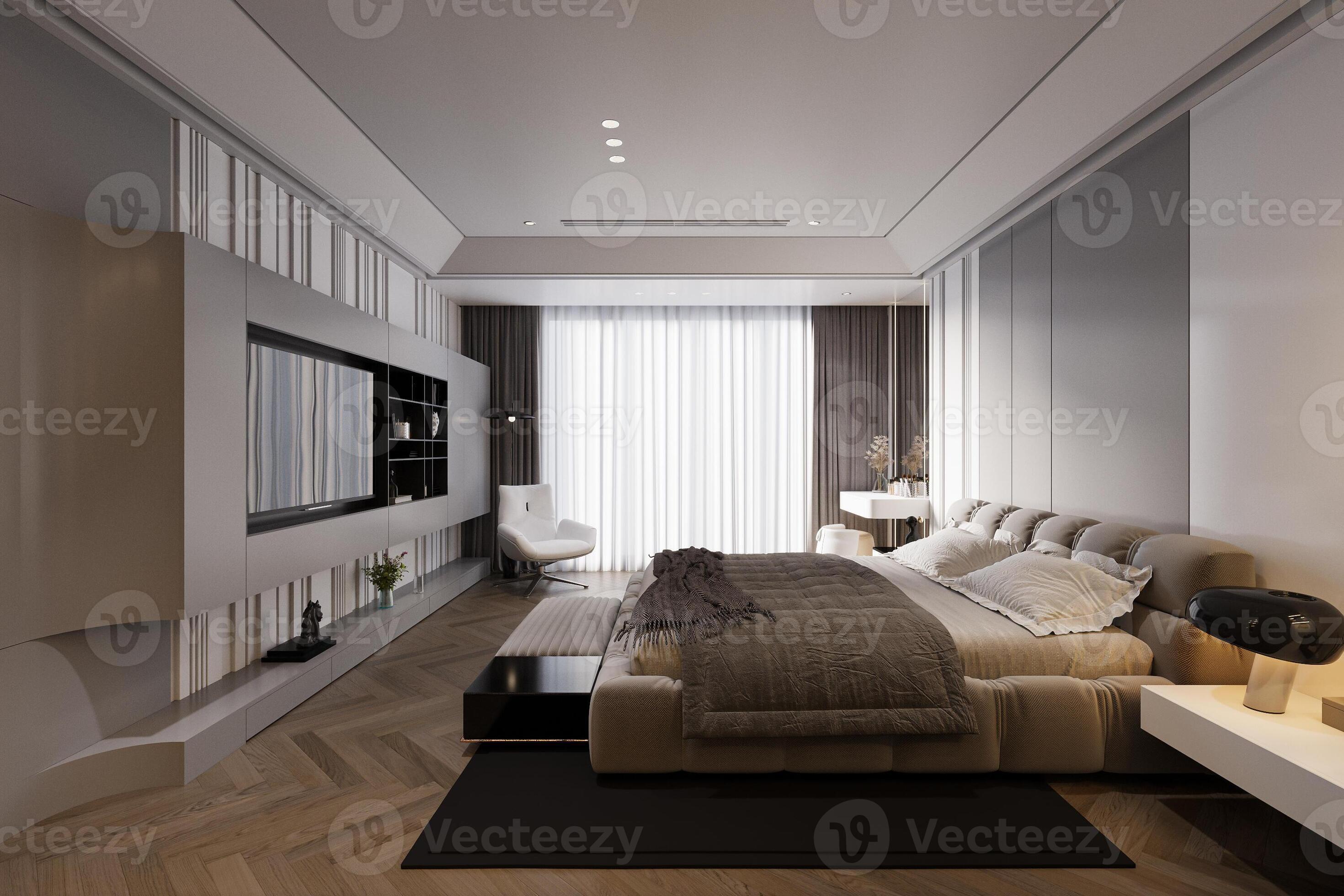 Luxurious bedroom interior with Cozy and effortless bed, TV unit with TV and stuff in front of