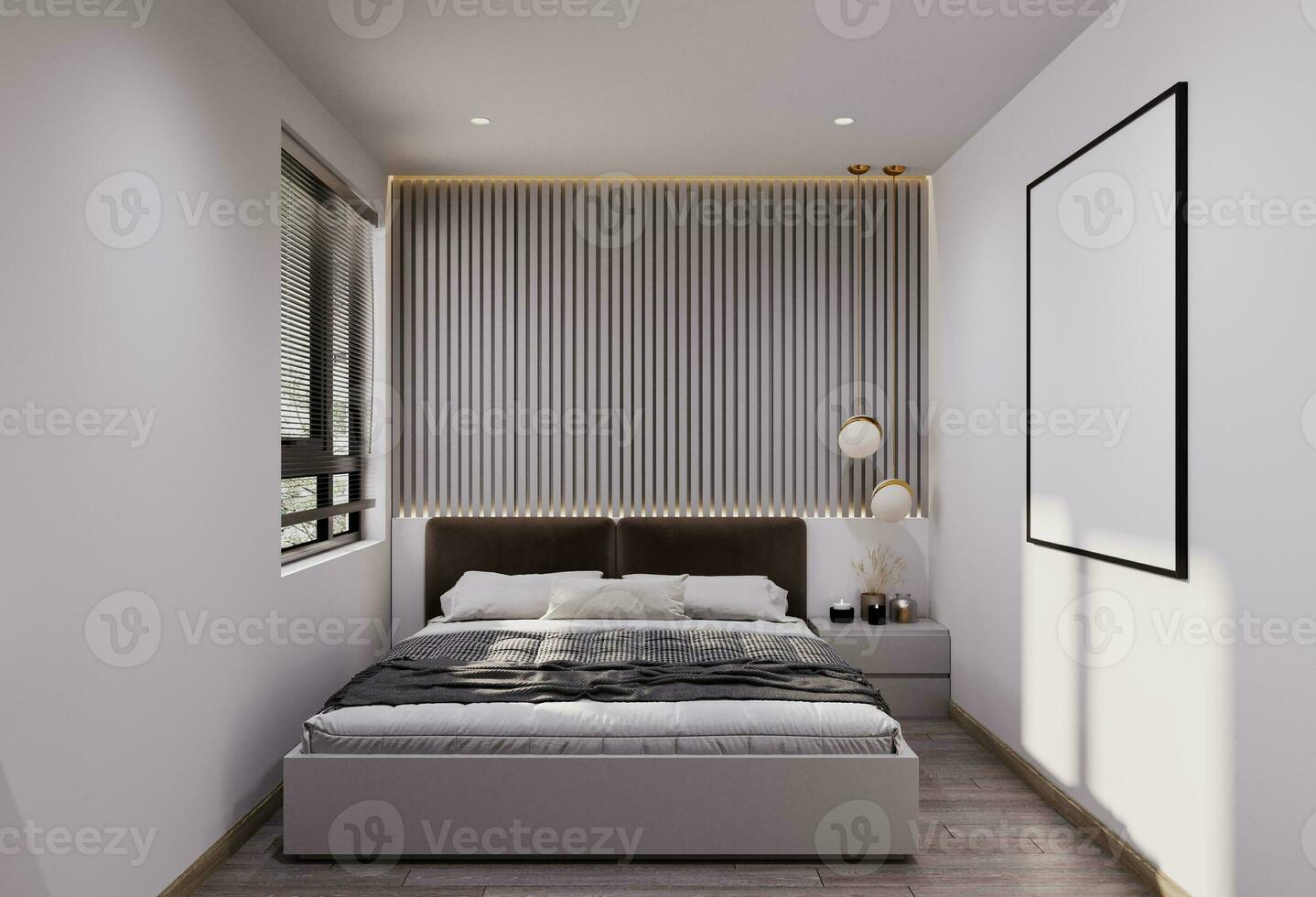 gris y acogedor cama con frente colocación junto a el ventana, Bosquejo blanco póster colgando en el muro, 3d representación foto