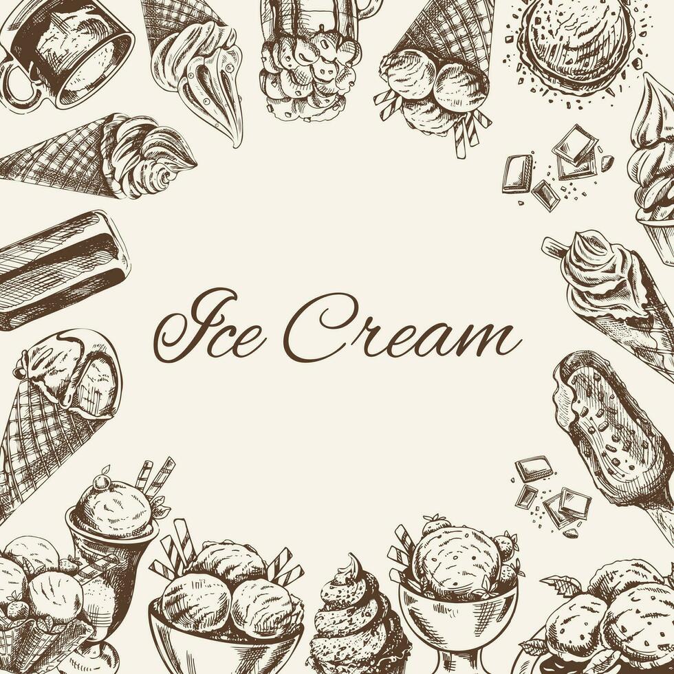 Vintage monochrome ice cream template, hand-drawn. The concept of dessert, a sweet dish in a vintage doodle style. A template with an empty space in the center in the form of circle. vector