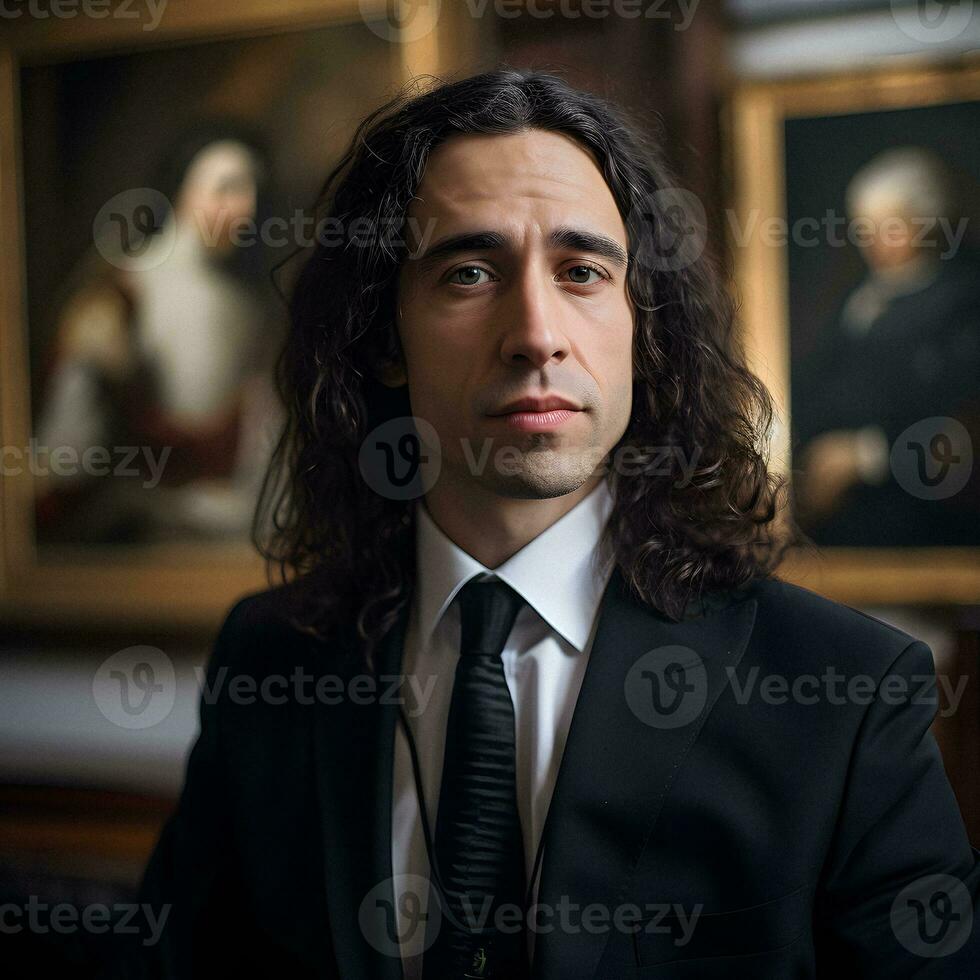 Sophisticated Modern Man with Long Curly Brown Hair, Classic Museum Canvases in the Background   Generative AI Photo