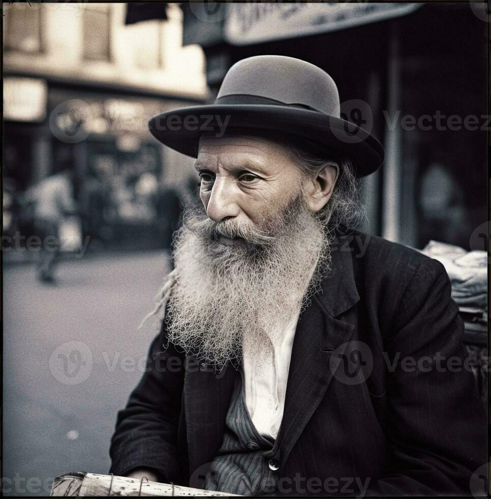 orthodox jewish man, dressed in black, wearing a long beard and a hat   generative AI photo