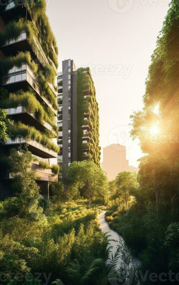 Skyscrapers and Lush Vegetation A Harmonious Blend of Nature and Urban Architecture   generative AI photo