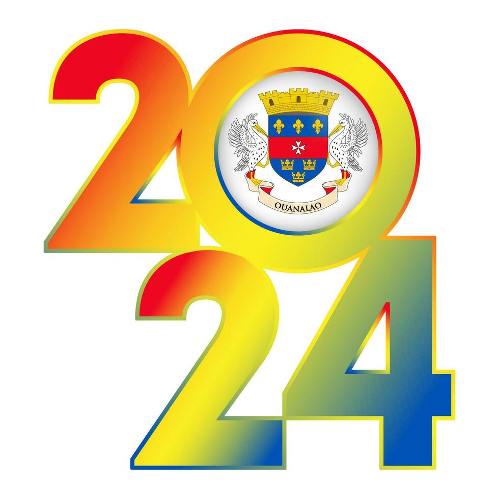 Happy New Year 2024 banner with Saint Barthelemy flag inside. Vector illustration.