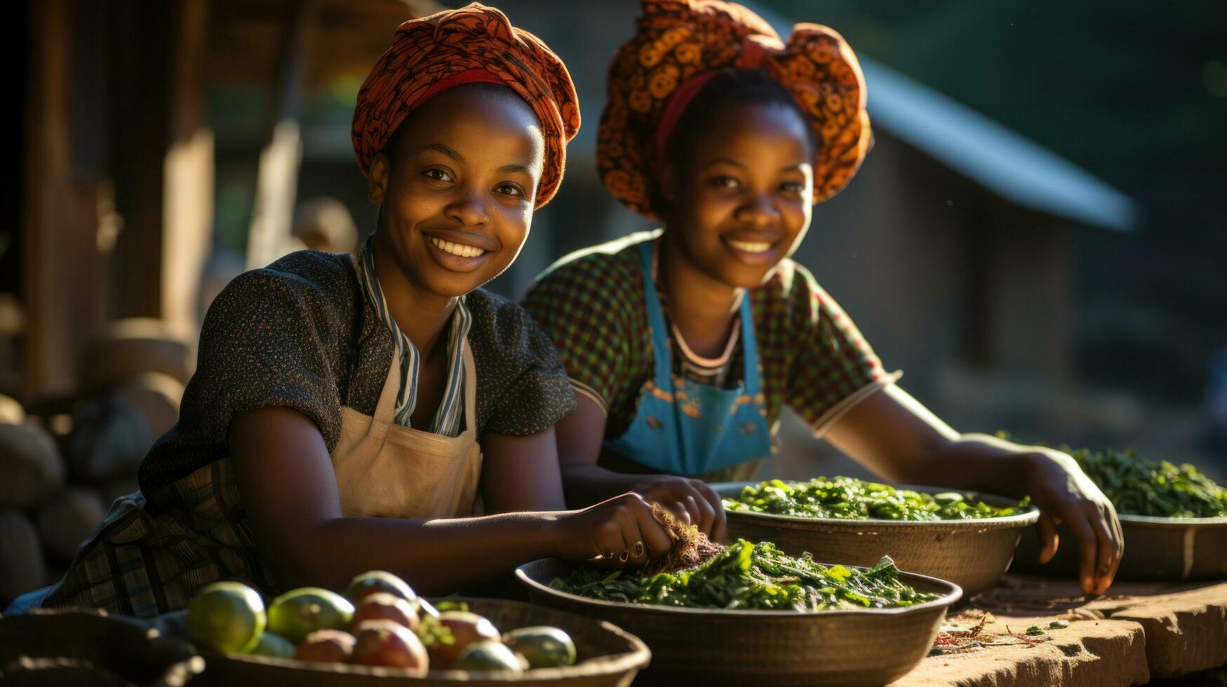 Portrait of two african women selling vegetables in the market Uganda, Africa. photo