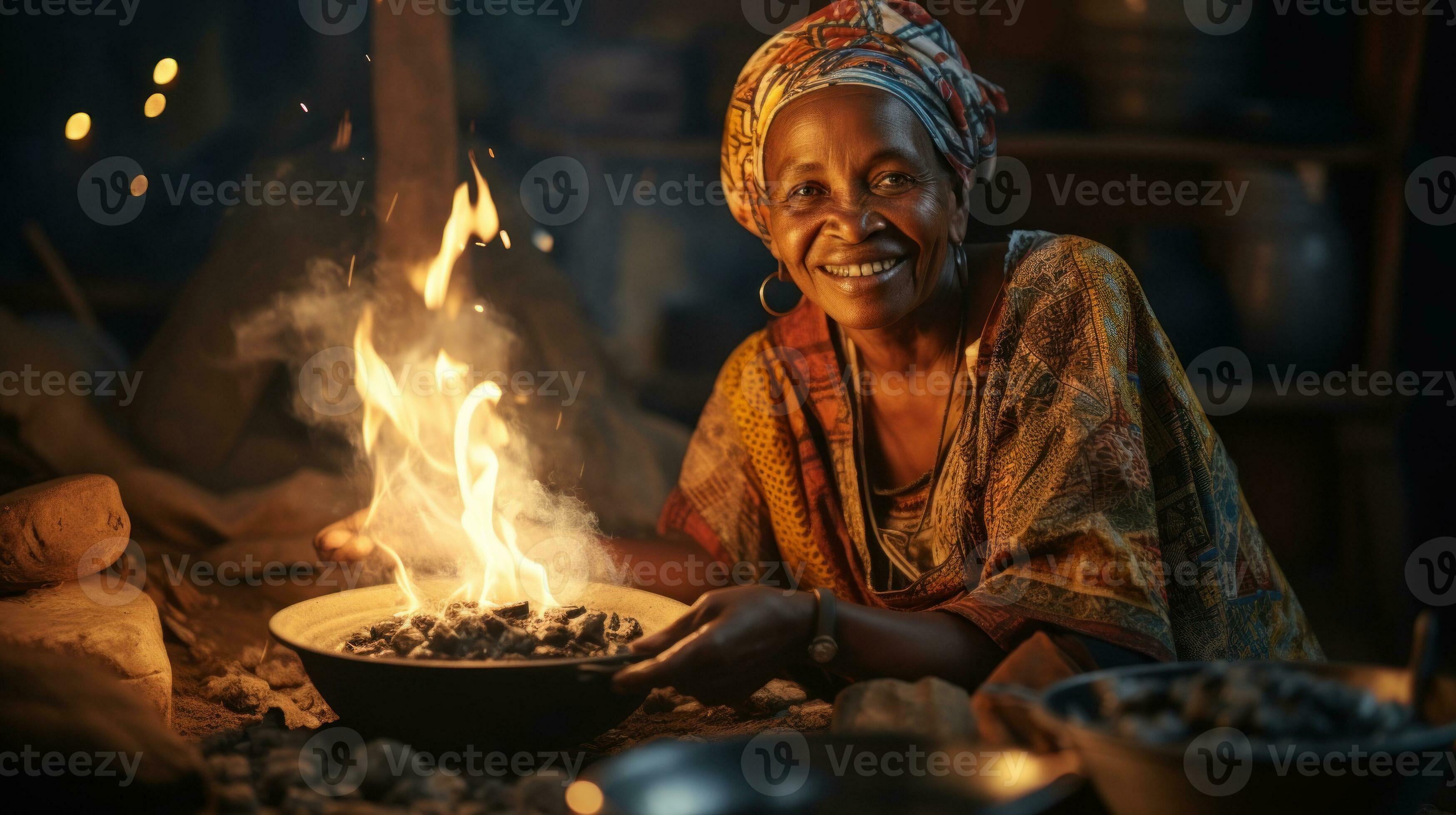Portrait of a old African woman sitting at the fire in her
