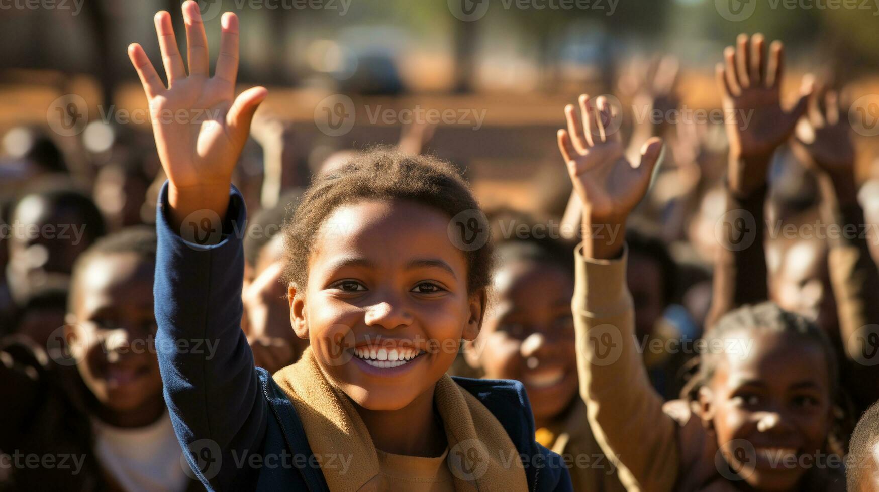 Portrait of happy african schoolgirl raising hands at Africa outdoor school. photo