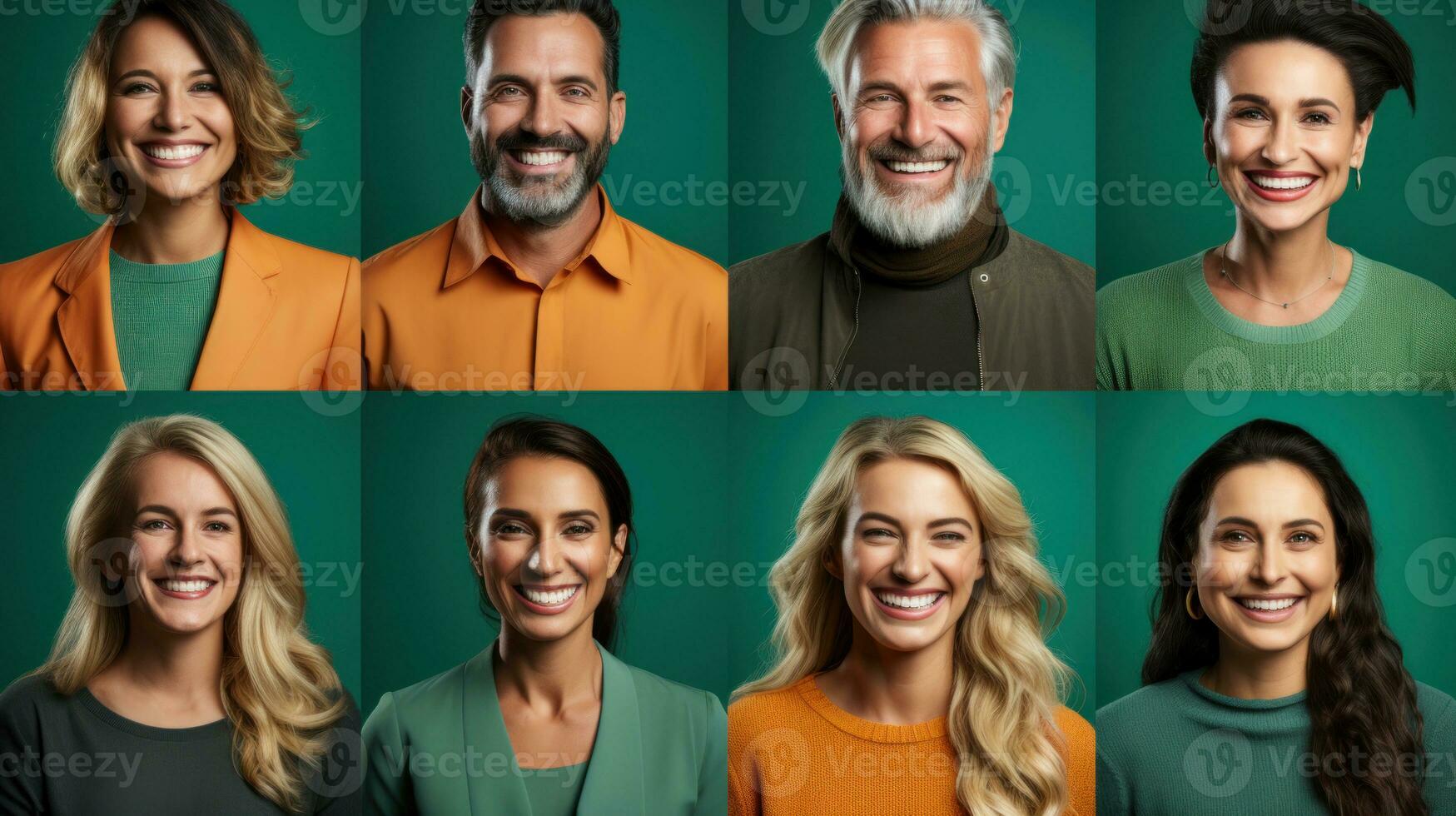 Portraits collage of happy smiling people in front of a green background. photo