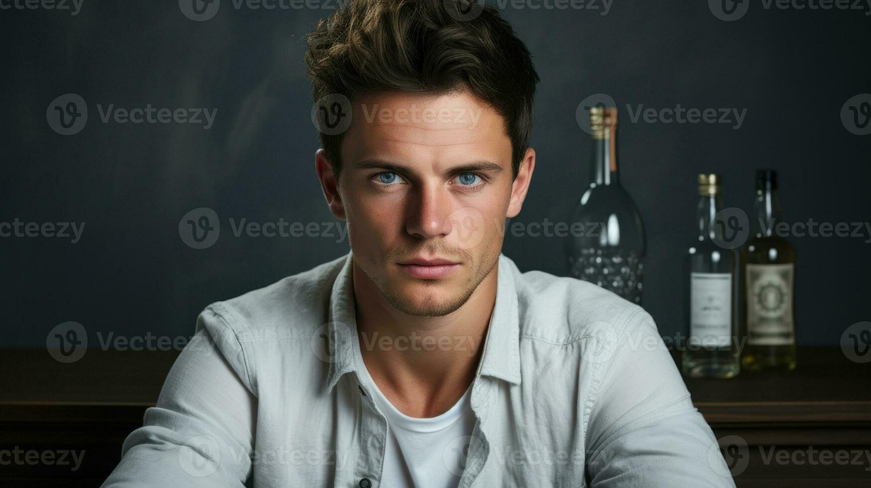 Portrait of a young alcoholic man sitting and looking at the camera against bottles of vodka. photo