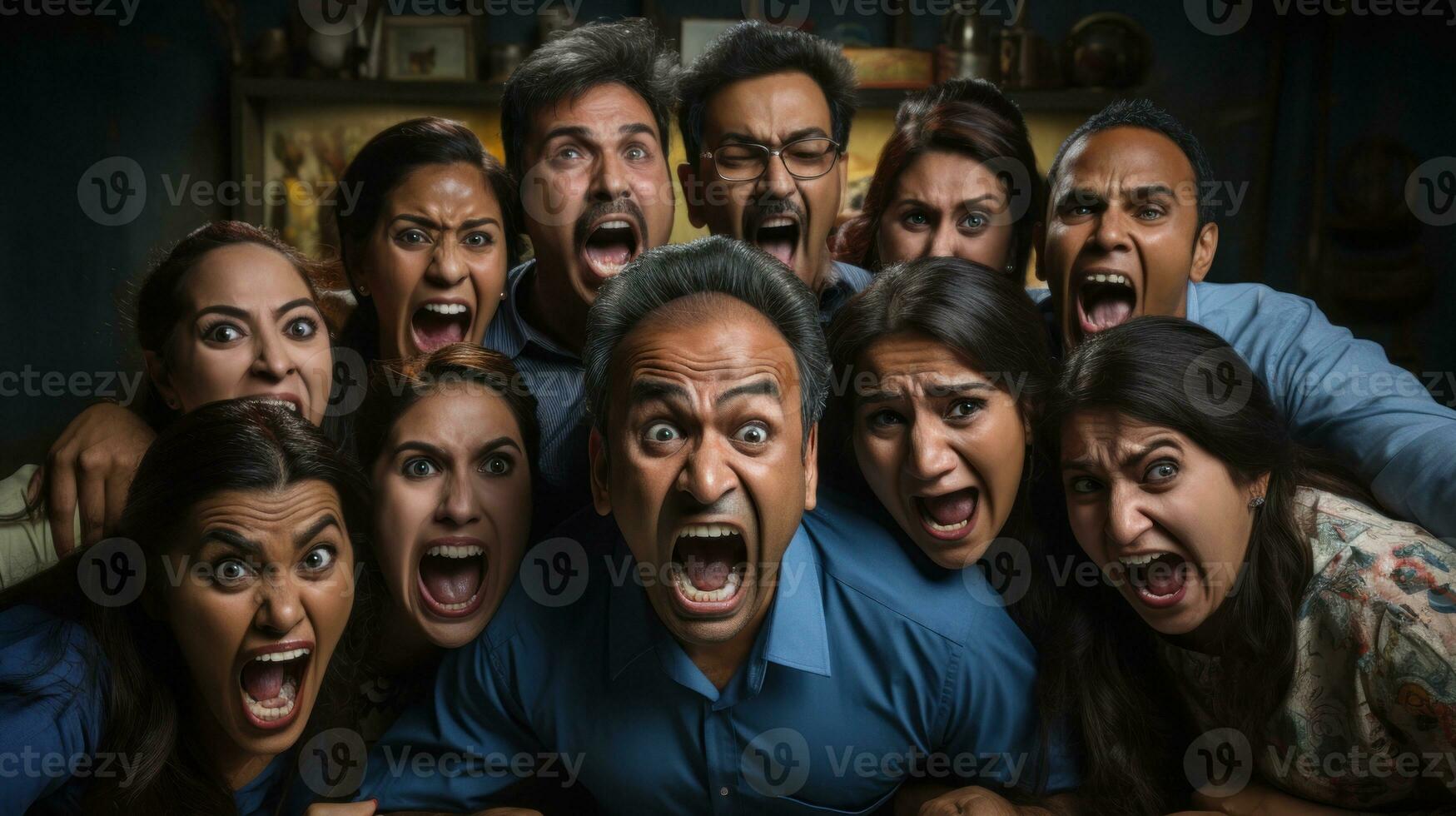 Angry shout group of indian people with open mouth looking at camera. photo