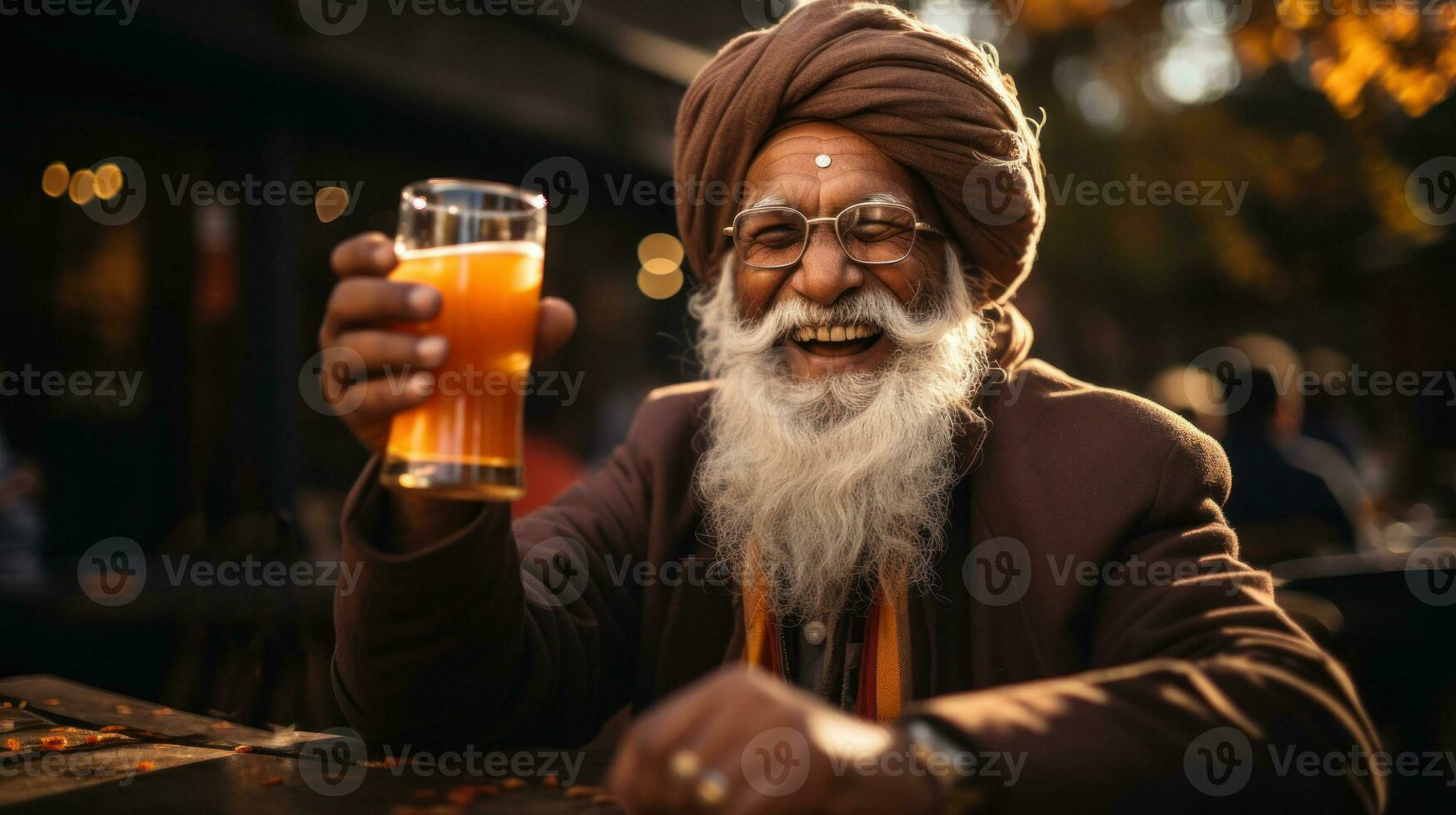 Portrait of a bearded Indian man in turban drinking a glass of beer in street. photo