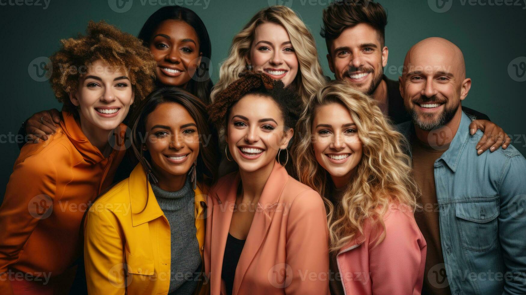 Portrait of a group of smiling multiethnic people standing together isolated over grey background. photo