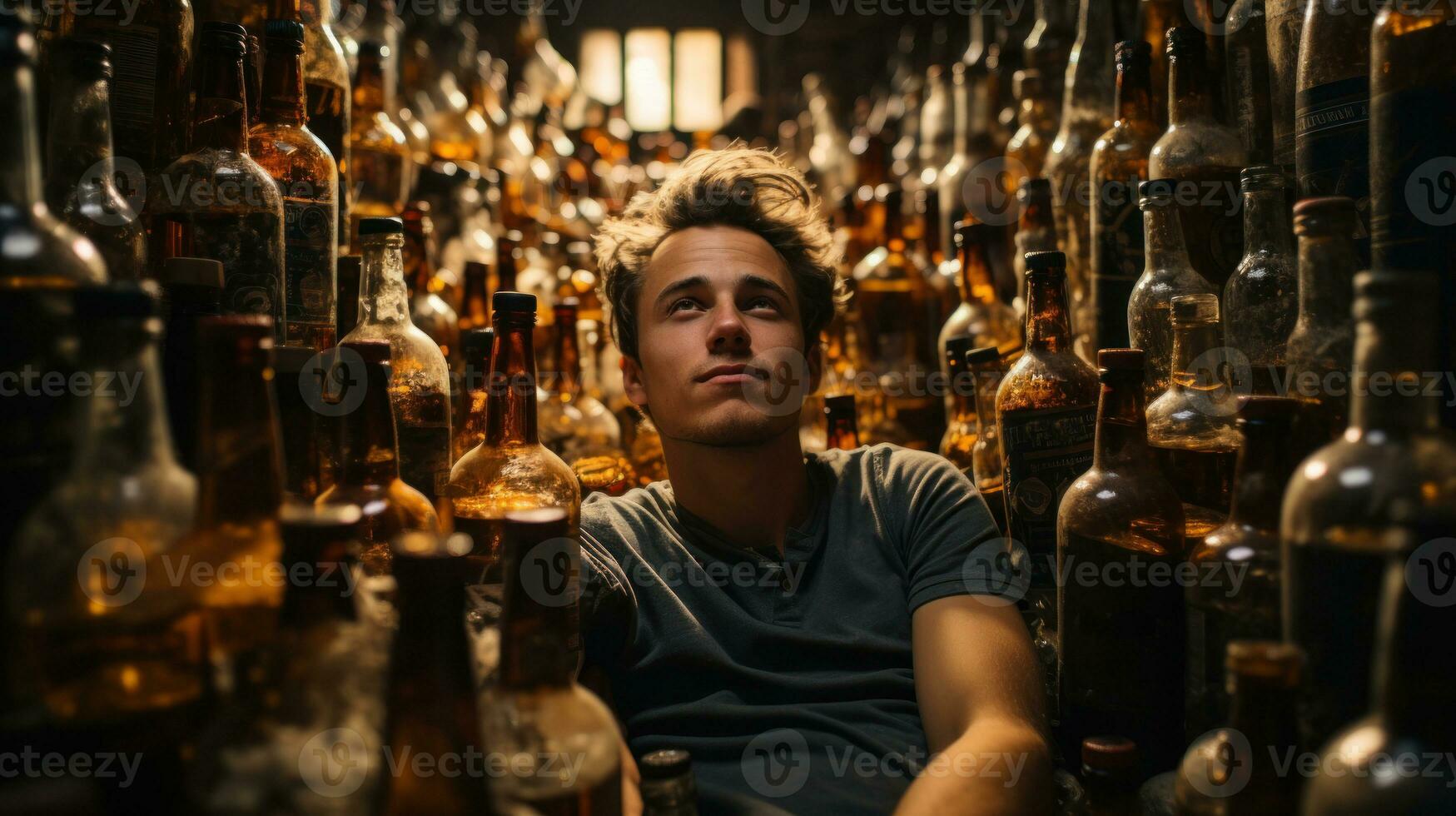 Portrait of a young man with a stack of alcohol bottle in basement. Alcoholism, addiction and people concept. photo