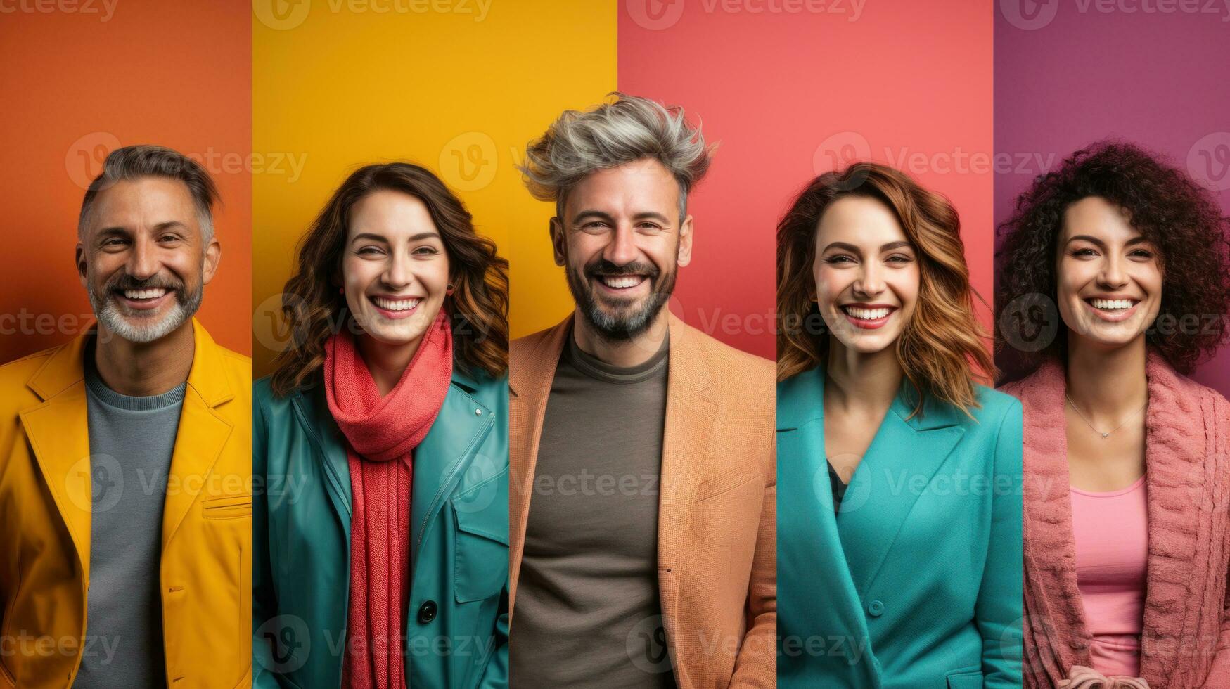 Smiling multicultural friends in autumn clothes looking at camera on multicolored background collage. photo