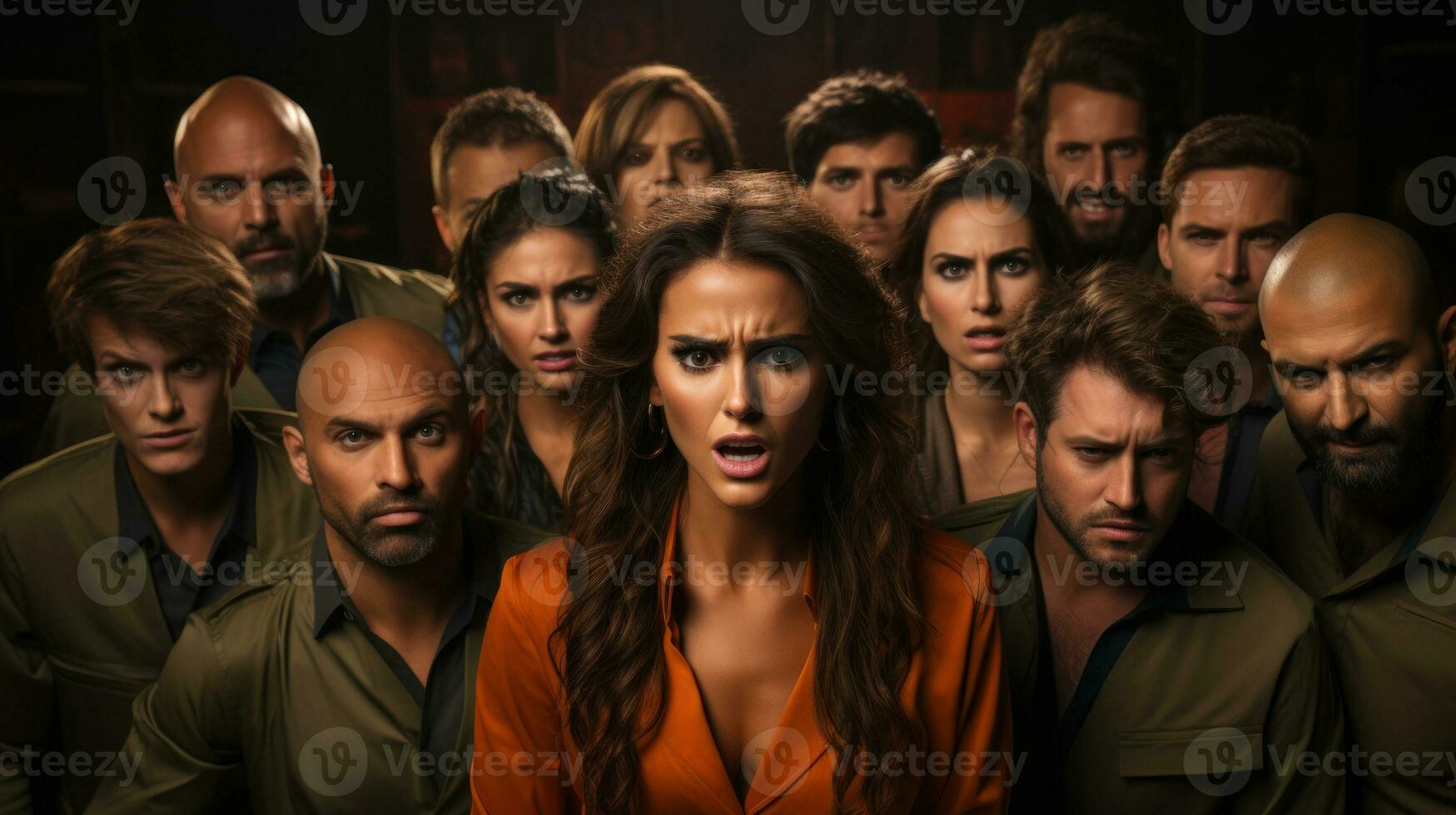 Dramatic portrait of a group of people in a dark room. photo